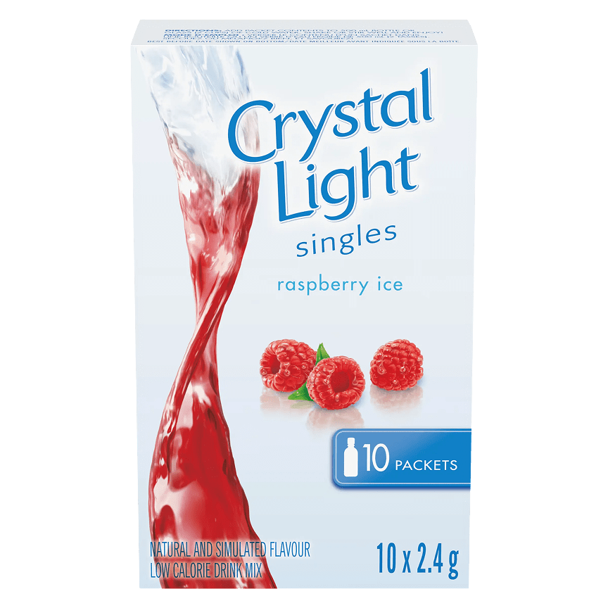Crystal Light Singles Raspberry Ice flavor, 10-packet box.