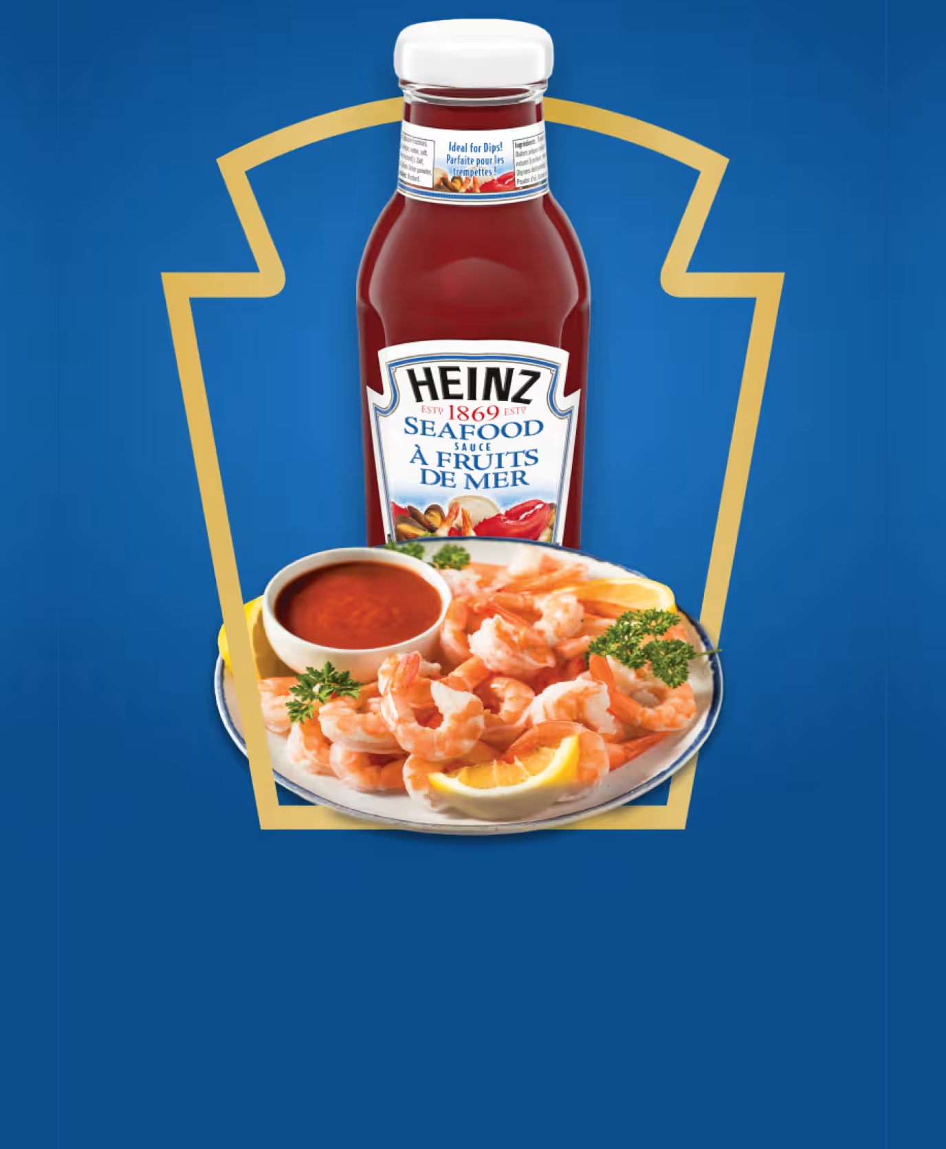 Bottle of Heinz Seafood Sauce next to a plate of shrimp with a bowl of sauce for dipping.