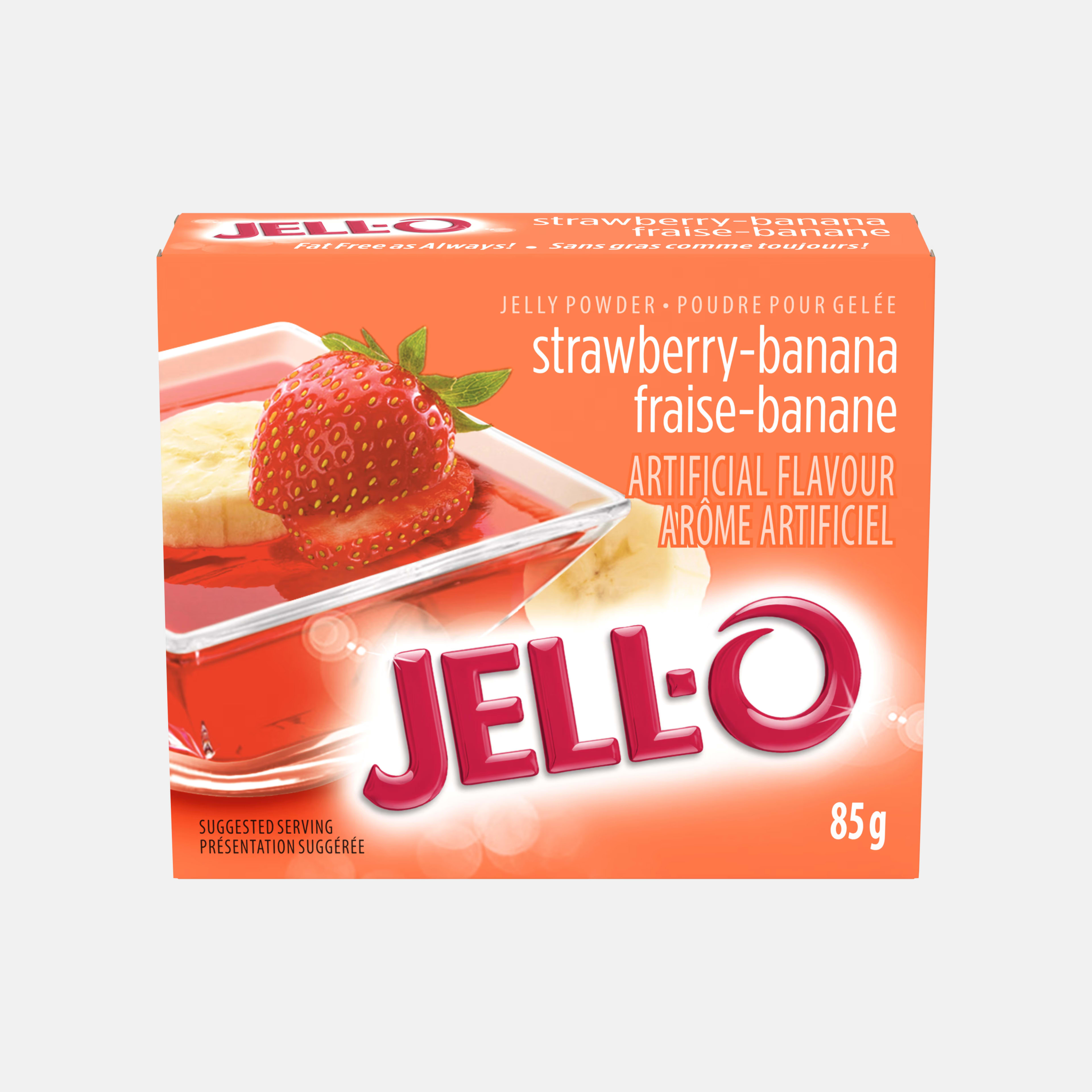Orange Jell-O box showing gelatin with fresh strawberry and banana slices.