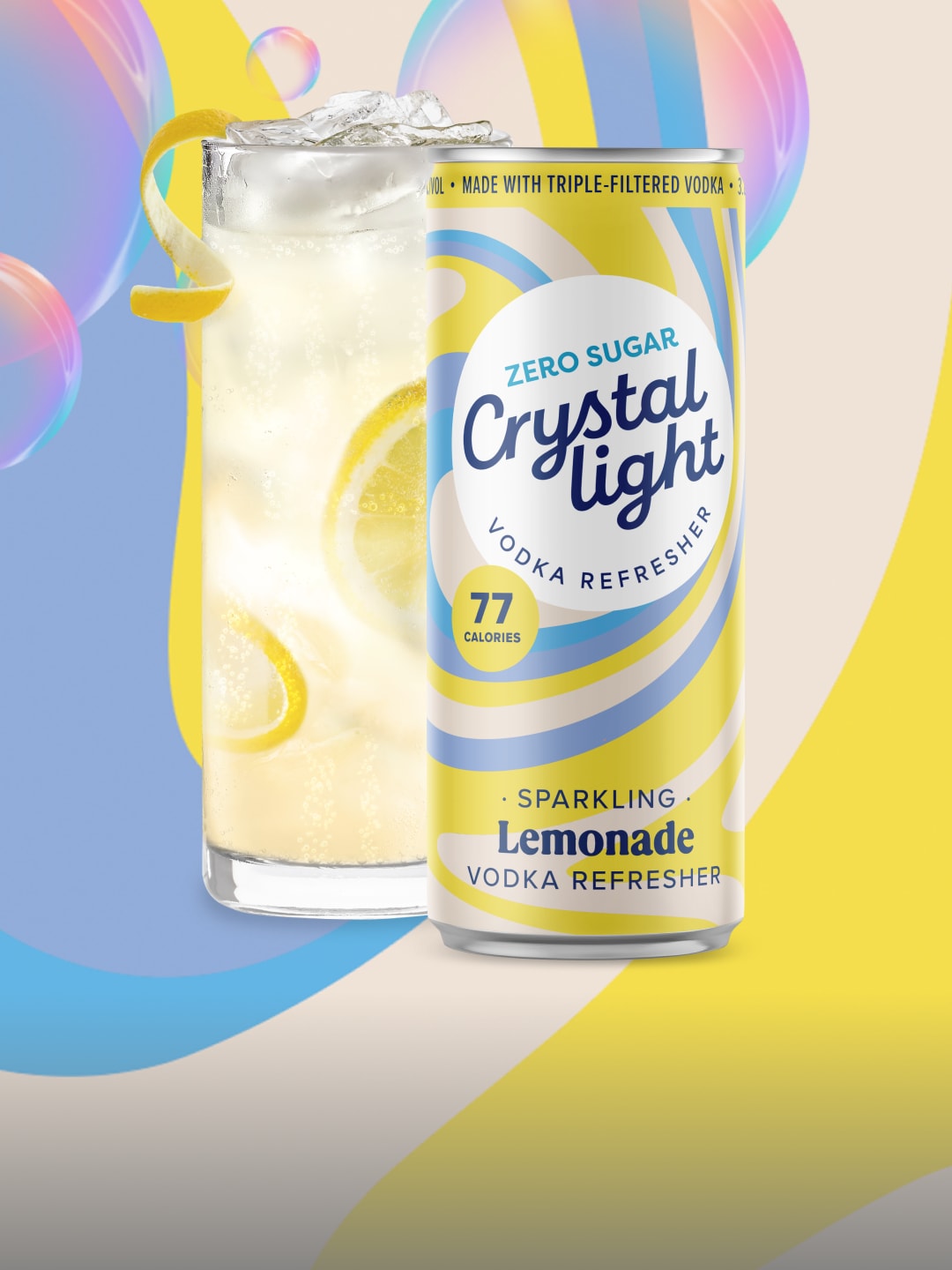 Crystal Light Zero Sugar Sparkling Lemonade Vodka Refresher can against a yellow and blue swirling background.