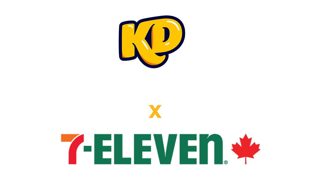 Logo KD Ramen x 7-Eleven Canada avec feuille d'érable rouge sur fond noir, illustrant la collaboration entre les marques.
