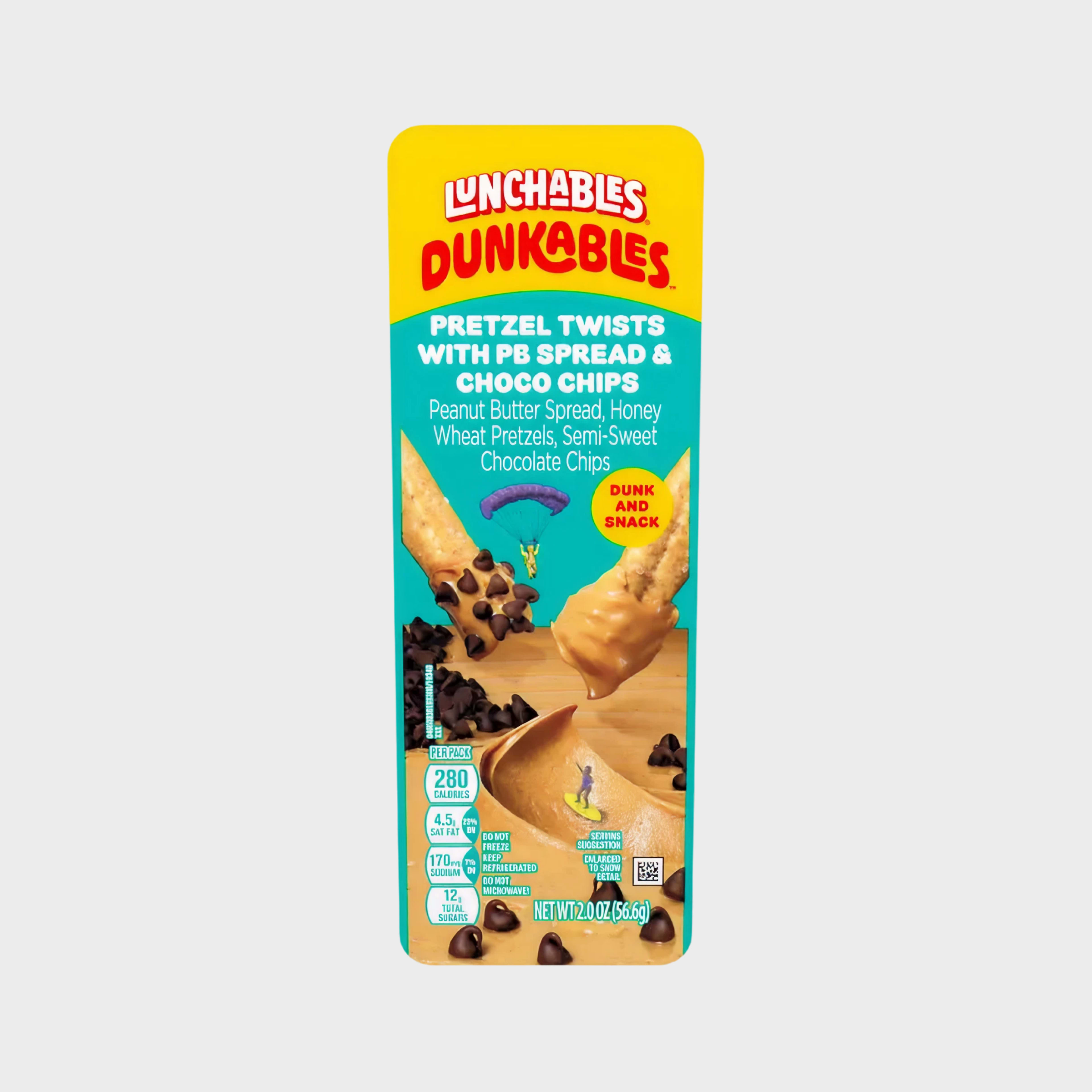 Pretzel Twists Dunkables with peanut butter spread and chocolate chips in teal packaging.