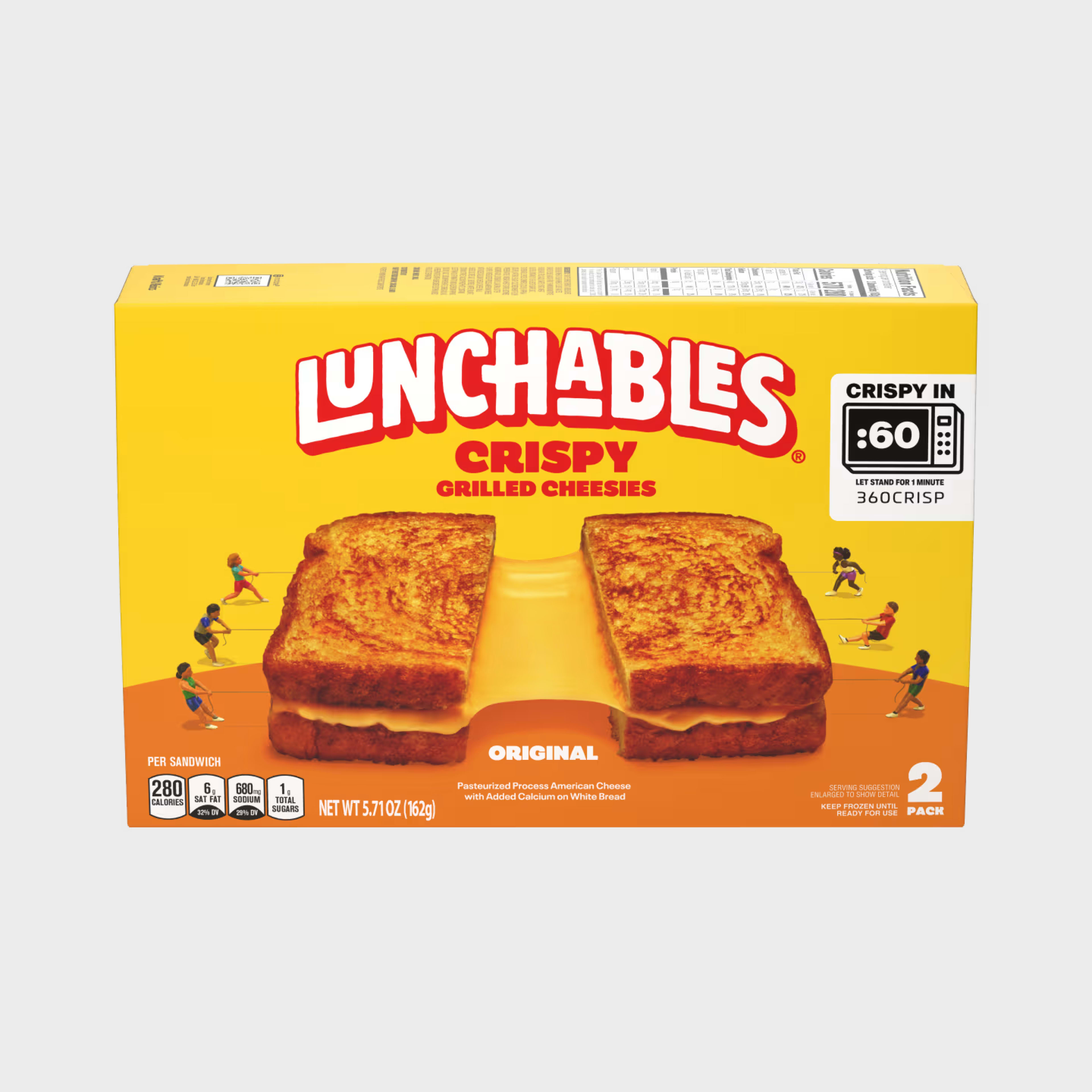 Two grilled cheese sandwiches in a yellow "Crispy in 60 seconds" original box.