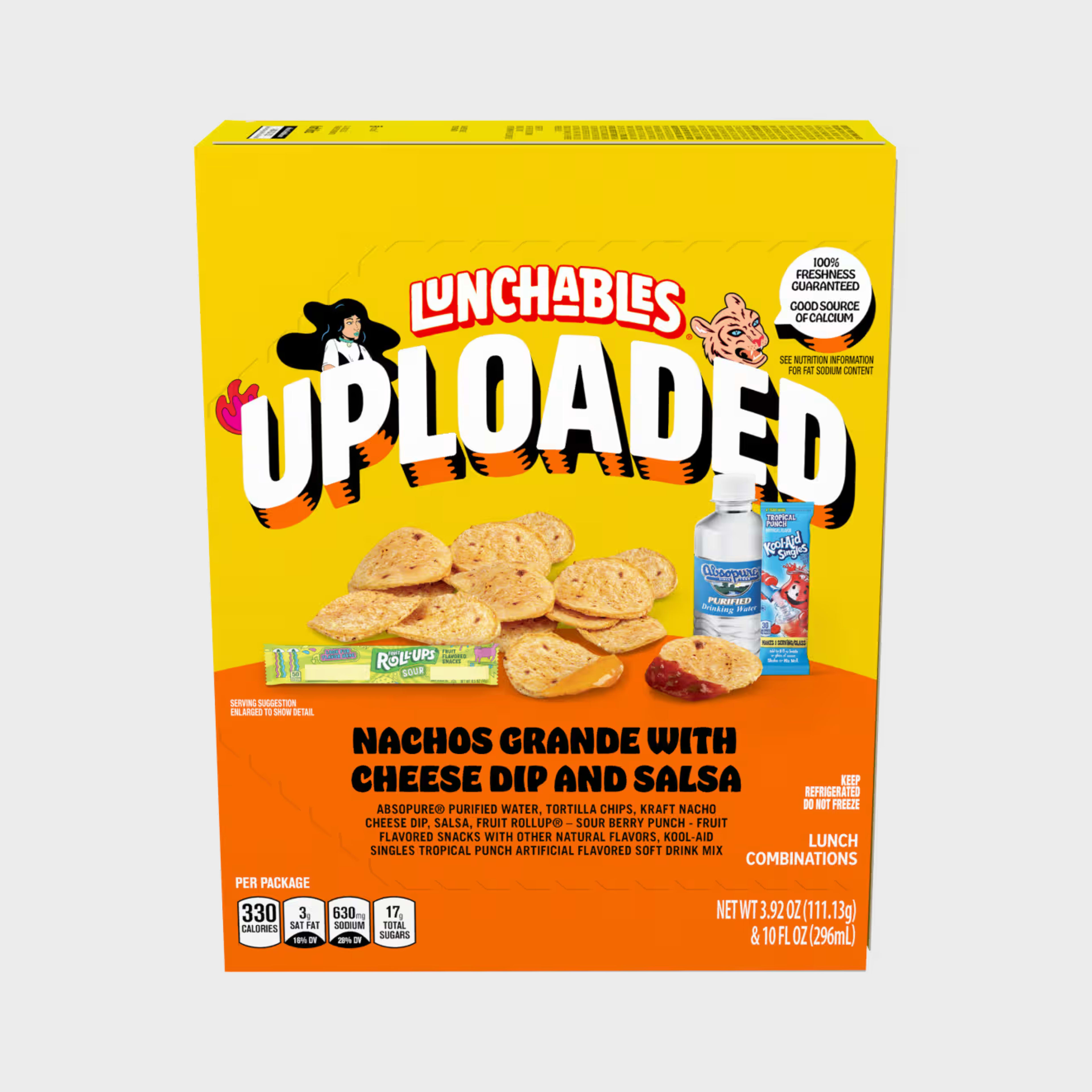Lunchables Uploaded Nachos Grande with cheese dip, salsa, water, and tropical punch mix.