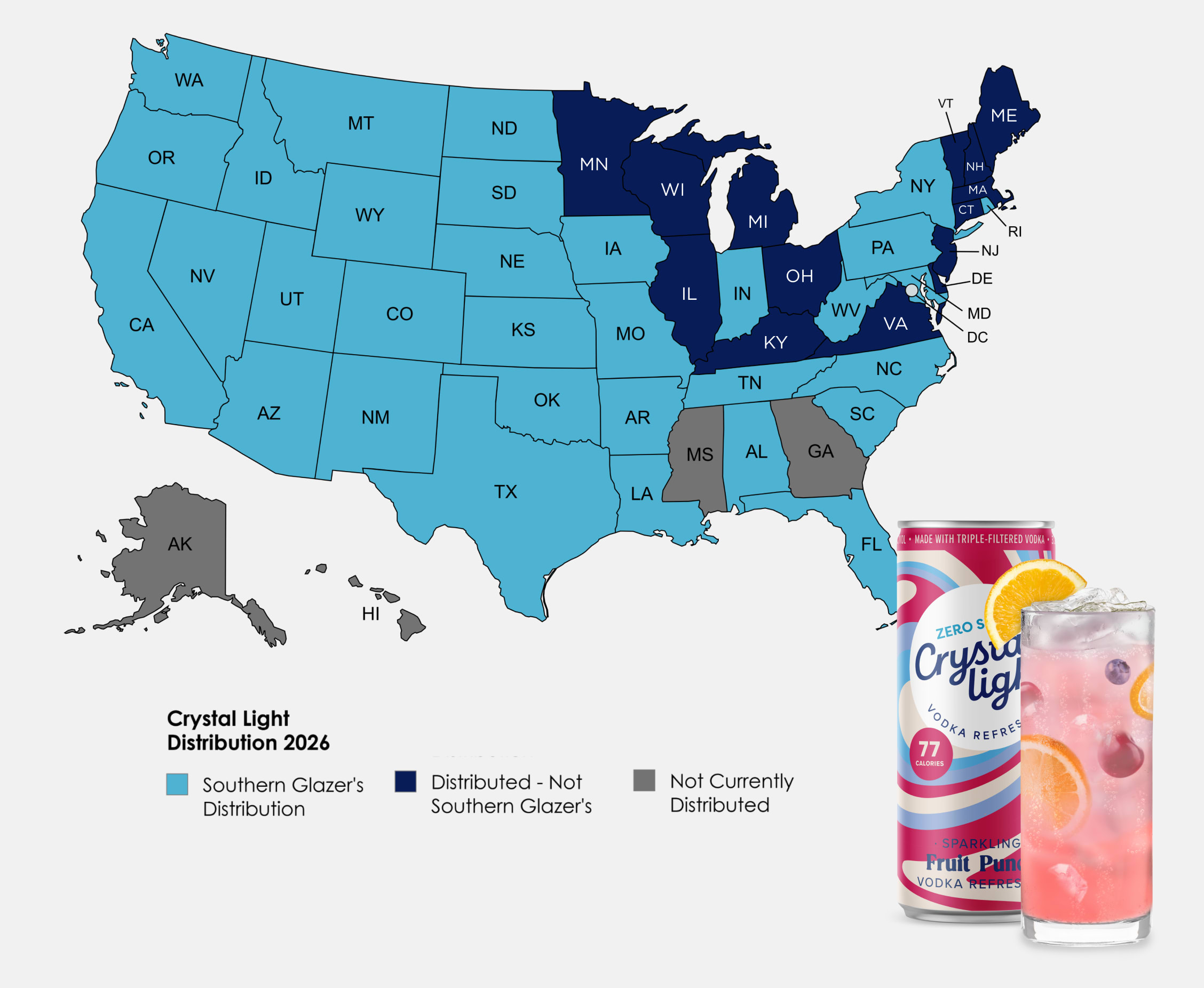 US map of 2026 Crystal Light Vodka Refresher distribution by region, pictured with a product can and served drink.