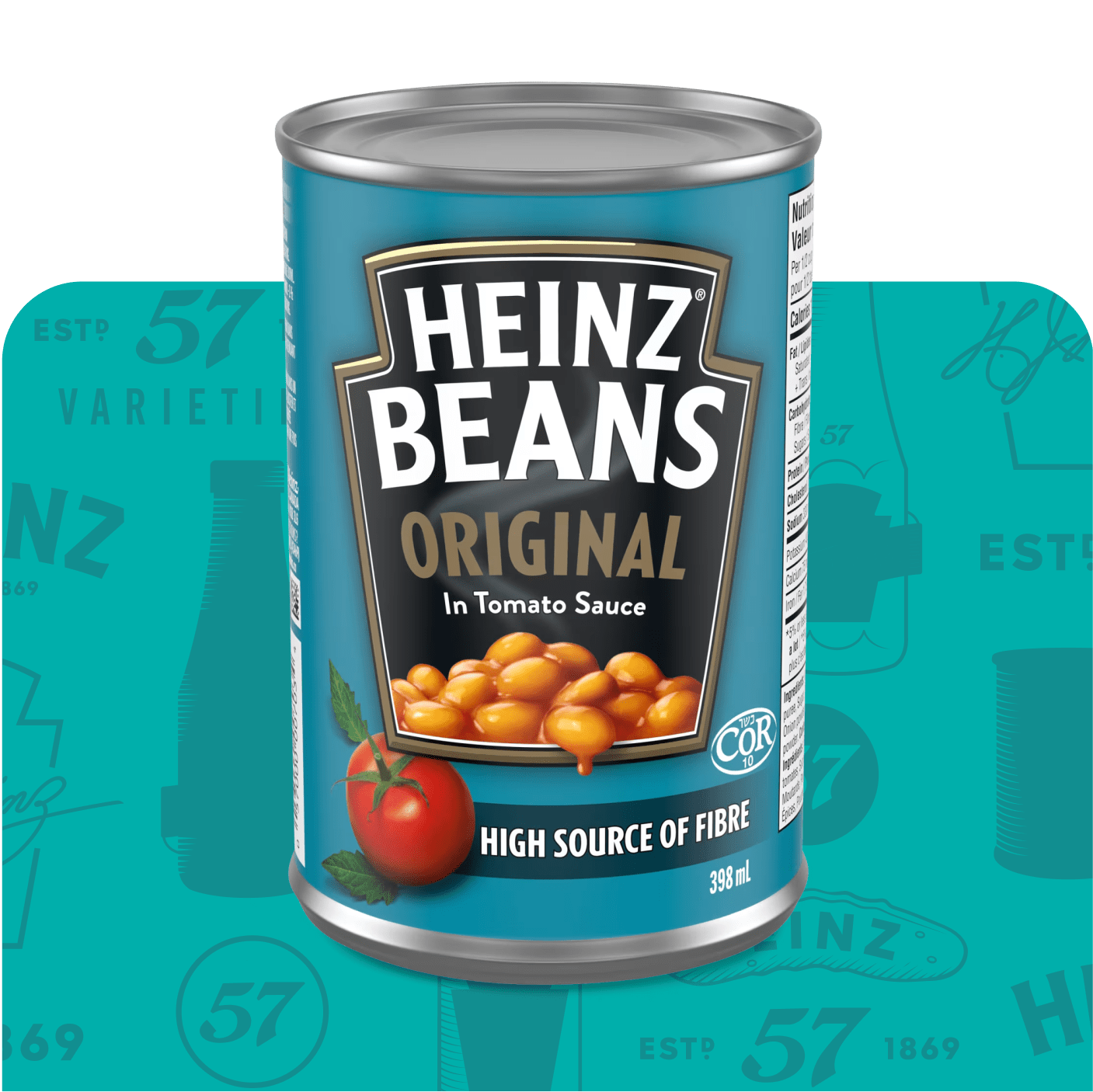 A can of Heinz Original Baked Beans in Tomato Sauce set against a teal background.
