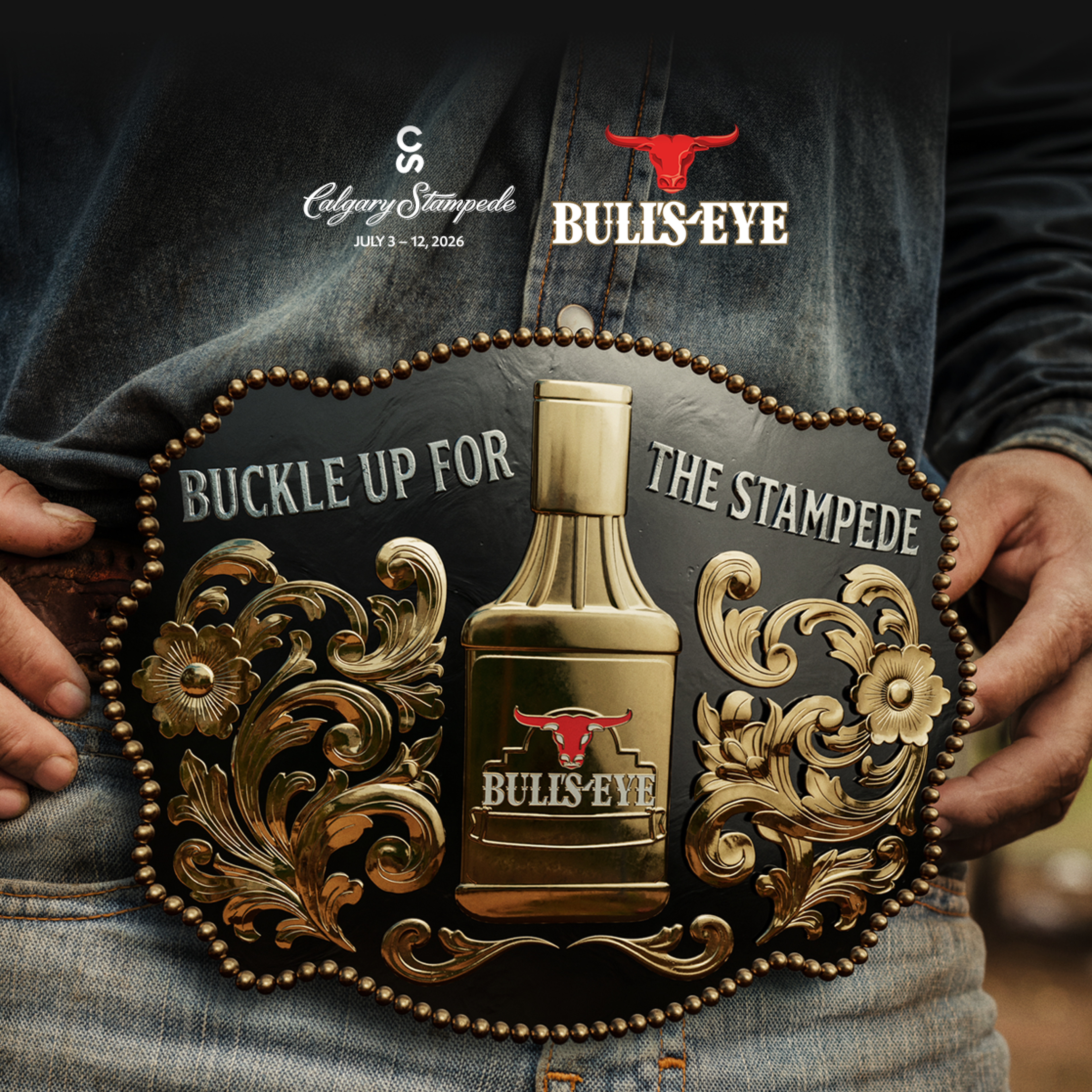 Bull's-Eye and Calgary Stampede advertisement showing a large, detailed bronze rodeo belt buckle on denim.