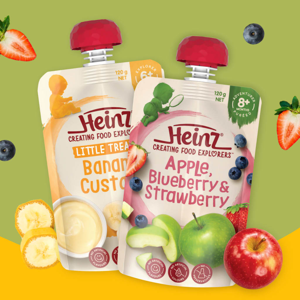 Two Heinz baby food pouches: Banana custard and apple, blueberry & strawberry.