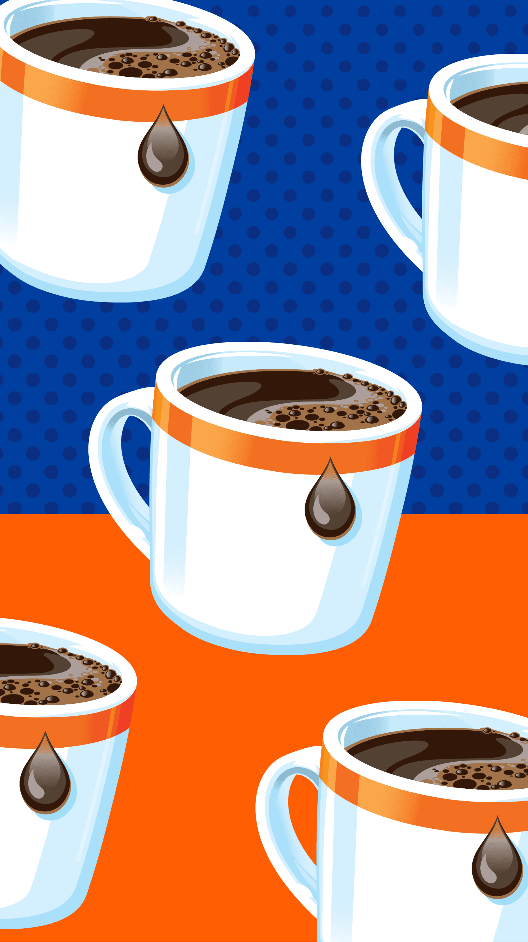 Café dans une tasse blanche sur un fond orange et bleu.