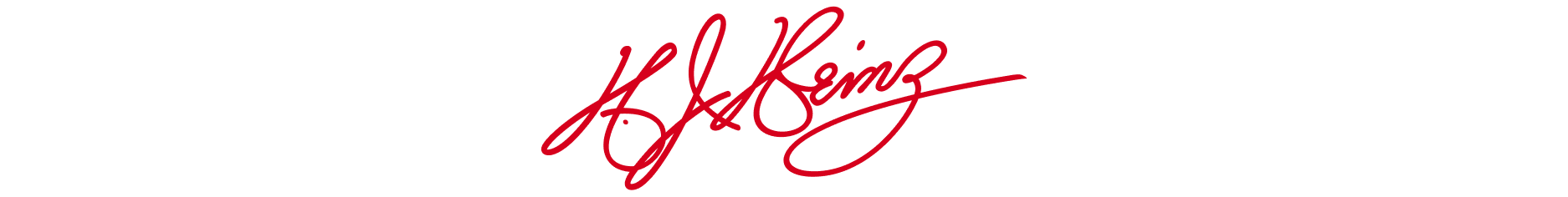 L'iconica firma rossa di H.J. Heinz su sfondo nero. Questo logo rappresenta la storia e l'eredità del marchio Heinz, simboleggiando qualità e tradizione.