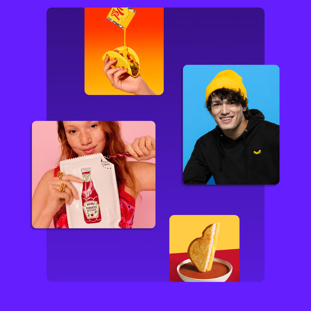 A collage of images on a purple background, featuring people enjoying Kraft Heinz products. The images include a taco with Kr