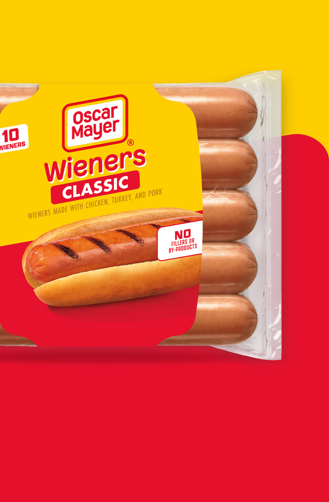 10-pack of Oscar Mayer Classic Wieners featuring a grilled hot dog in a bun.