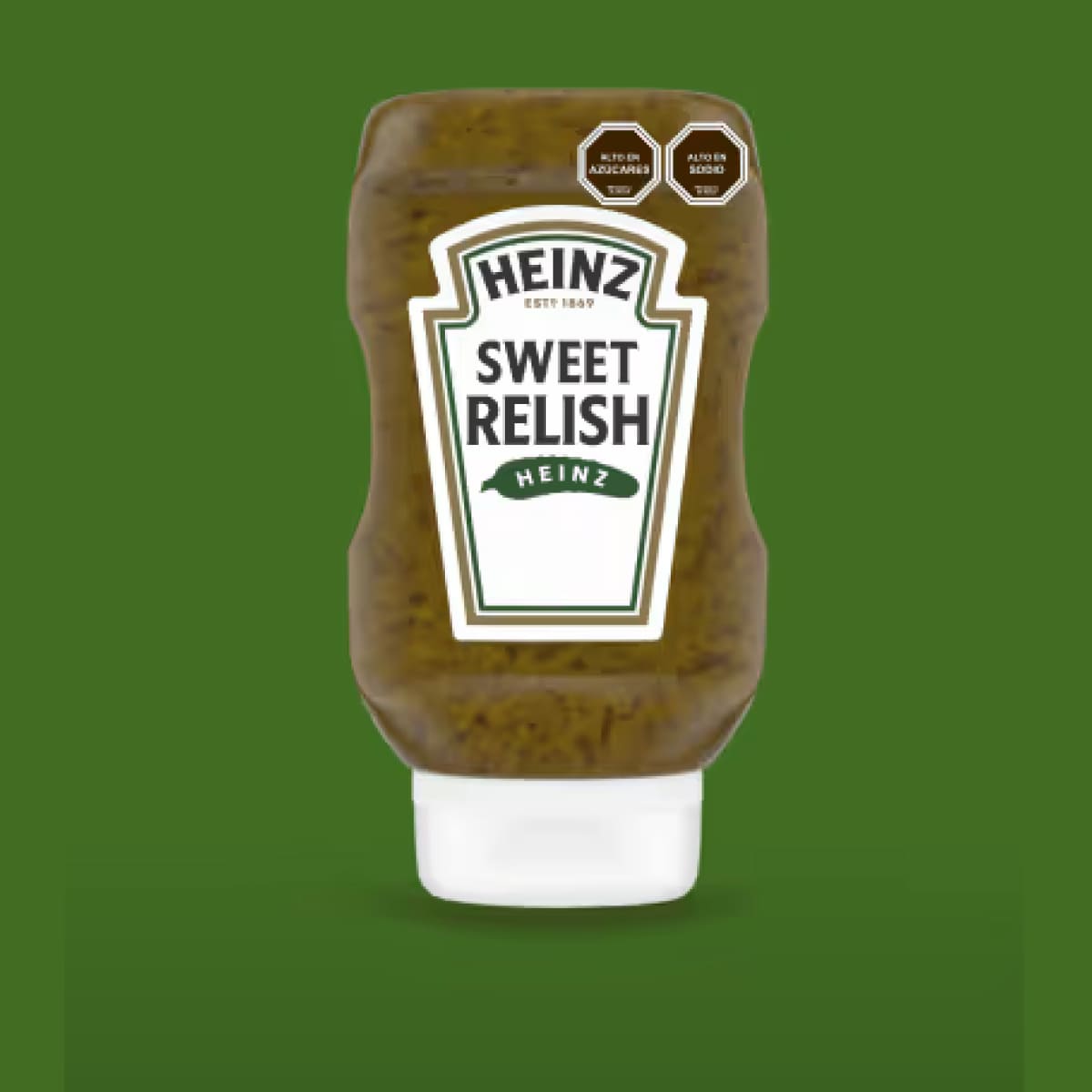 Una botella de salsa Heinz Sweet Relish, con un contenido verde oscuro, sobre un fondo verde oliva.