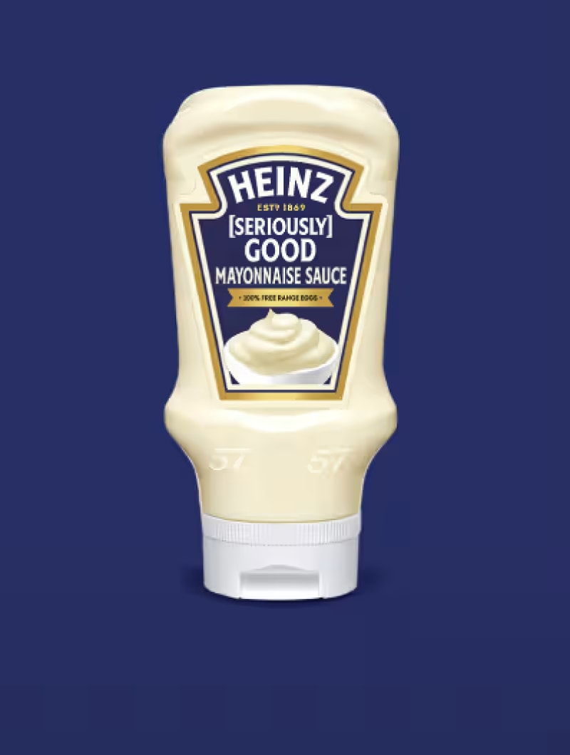 A bottle of Heinz Seriously Good Mayonnaise Sauce. The label features the Heinz keystone logo and text "HEINZ [SERIOUSLY] GOO