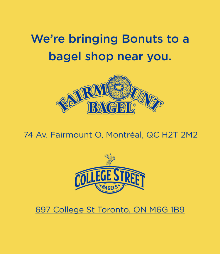 Announcement of Philadelphia Cream Cheese availability at select bagel shops. Features the logos for Fairmont Bagel and Colle