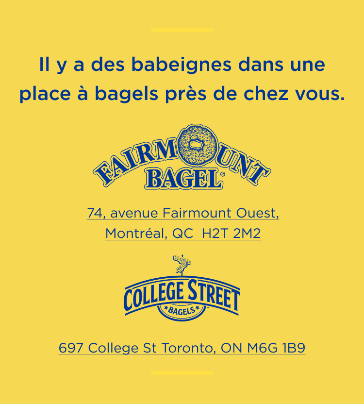 Annonce de la disponibilité du Philadelphia dans certains magasins de bagels. Présente les logos de Fairmont Bagel et College