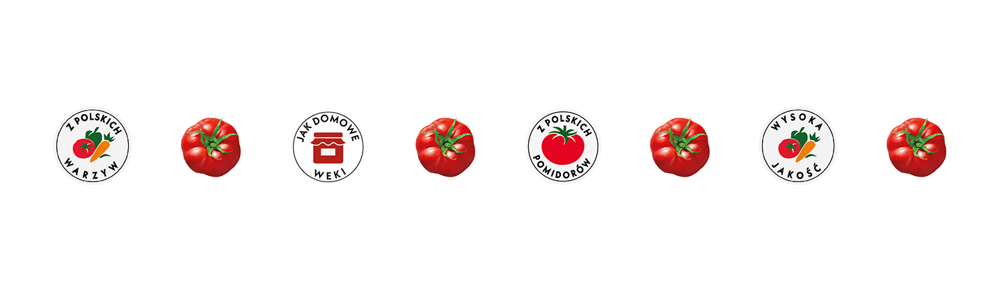 Cztery pieczątki jakości: Z polskich warzyw, Jak domowe weki, Z polskich pomidorów, Wysoka jakość, oraz świeże pomidory.
