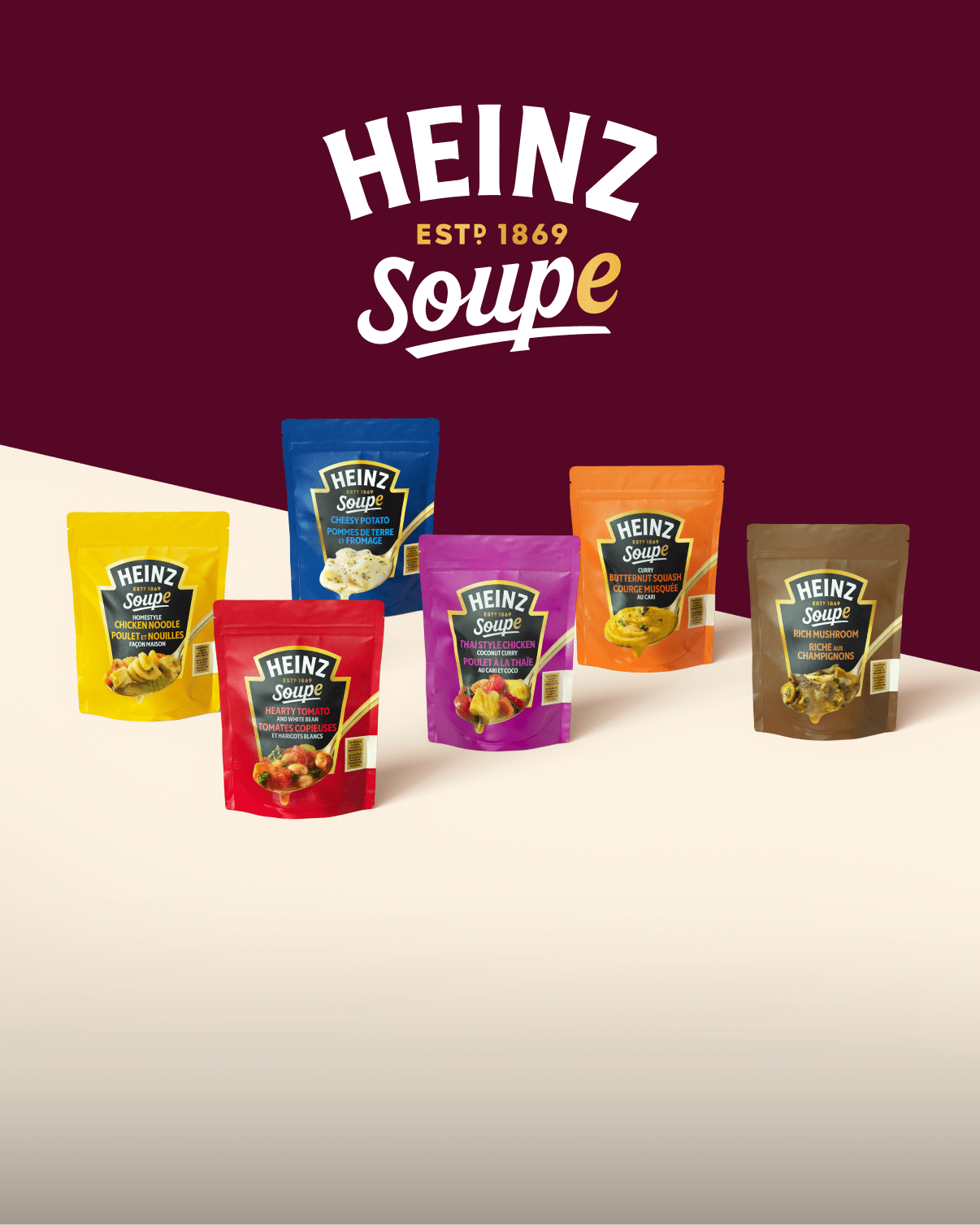 Six colorful Heinz Soup pouches below a large Heinz Soup logo on a red and beige background.