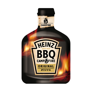 焚き火の炎が描かれた、ハインツ「BBQ CAMPFIRE オリジナル」のソースボトル。