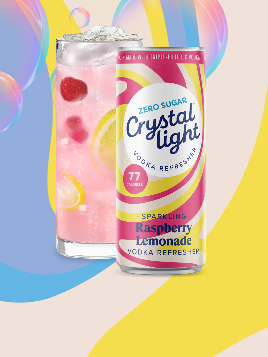 Crystal Light Zero Sugar Sparkling Raspberry Lemonade Vodka Refresher can against a yellow and blue swirling background.