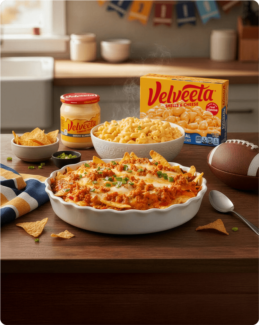 A table setting with Velveeta Shells & Cheese, a jar of queso, a white dish of nachos, and a football.