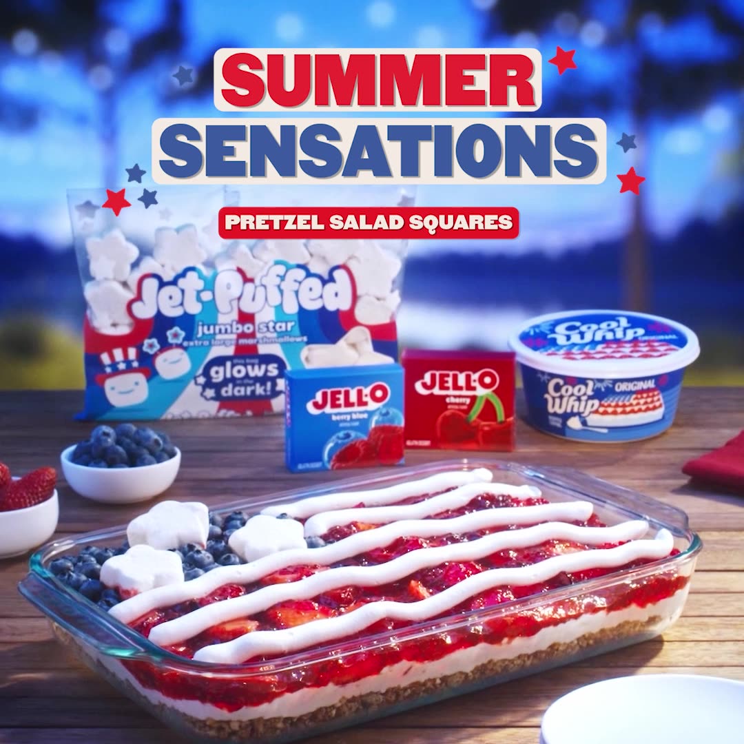 Pretzel Salad Flag Squares made with Jell-O, Cool Whip, and Jet-Puffed stars. Text: Summer Sensations.