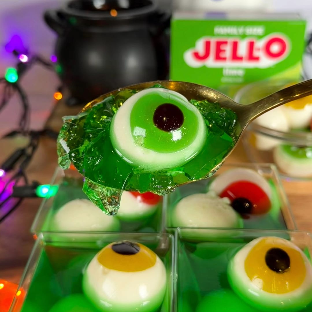 Spoonful of green gelatin eyeball for JELL-O Goblin Eye Bites