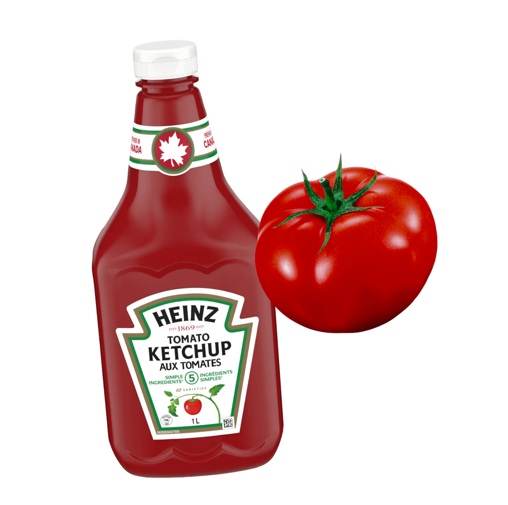 Bottle of Heinz Tomato Ketchup with fresh tomato, made in Canada.