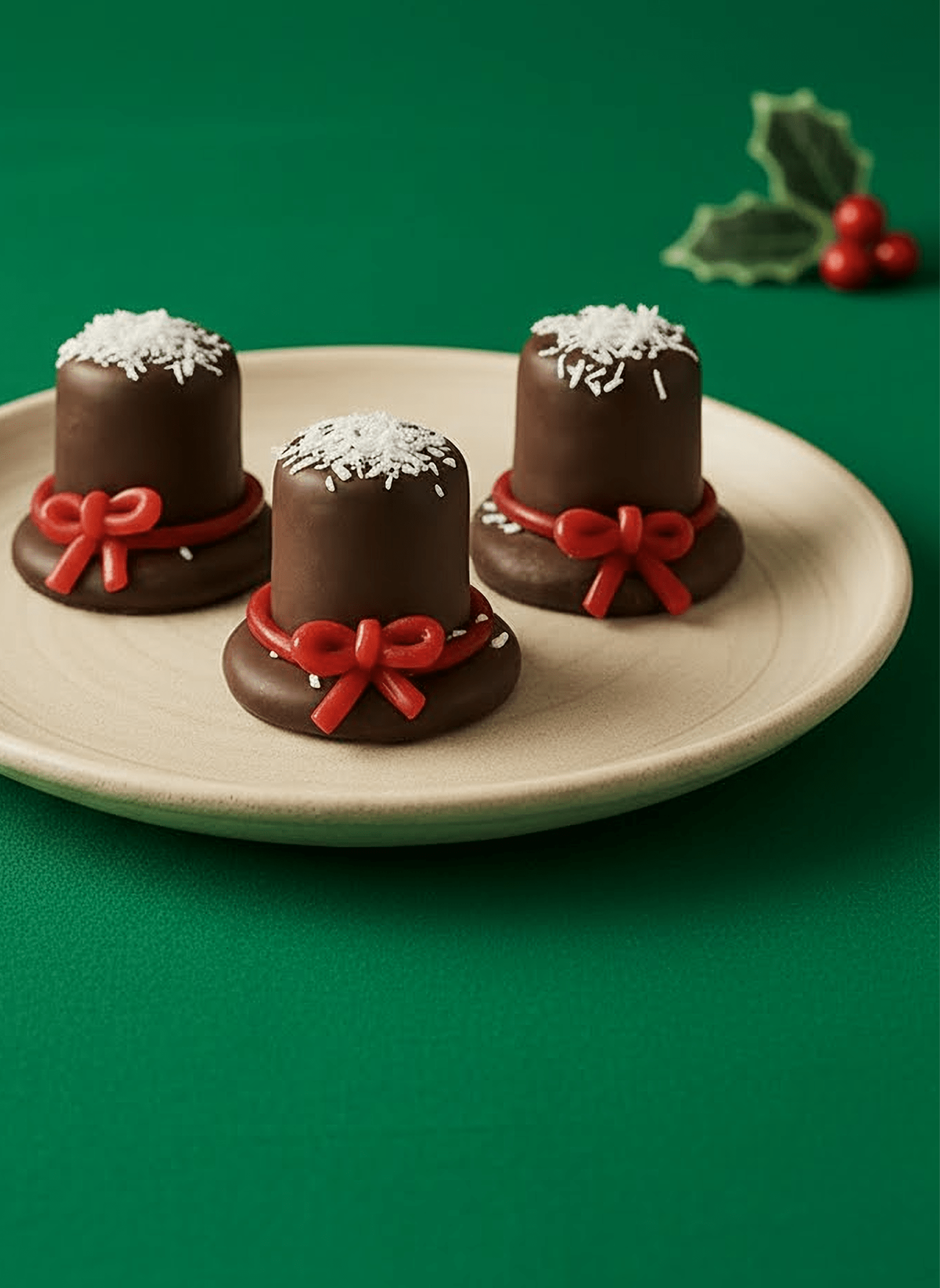 Three chocolate hat-shaped cookies with white coconut and red icing bows on a beige plate against a green background.