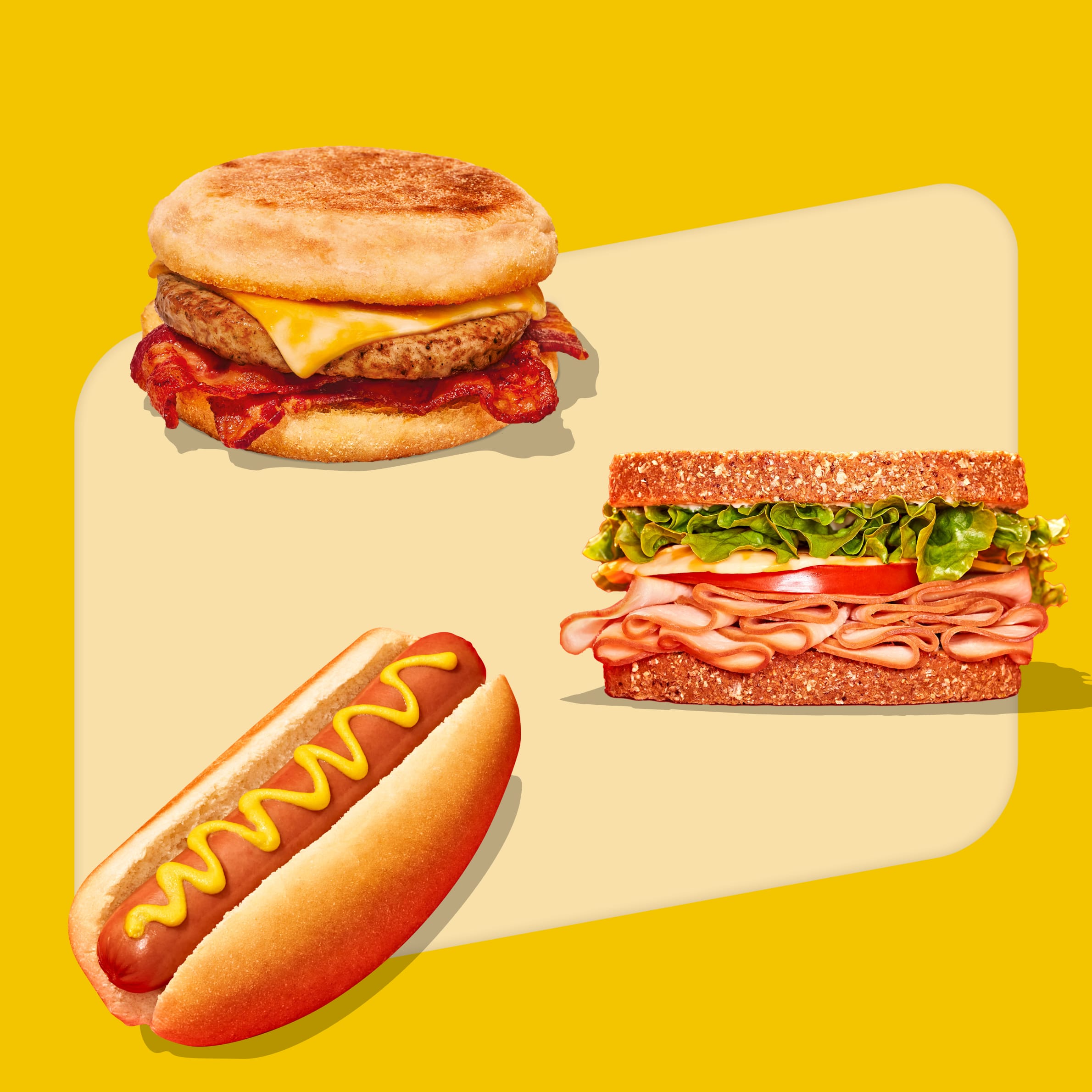 Oscar Mayer hot dog with mustard on a bun, alongside breakfast and deli sandwiches, on a yellow and red background.