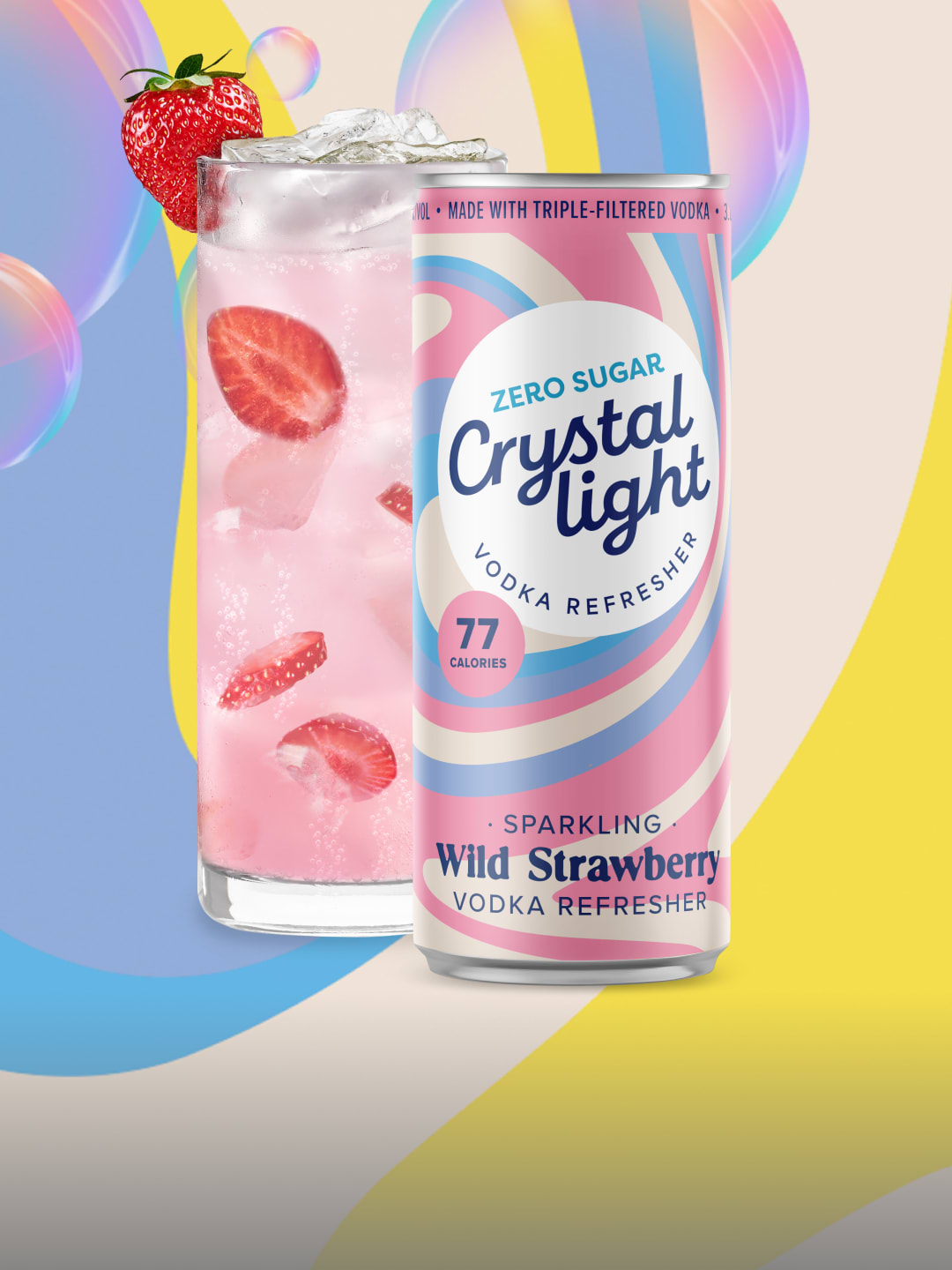 Crystal Light Zero Sugar Sparkling Wild Strawberry Vodka Refresher can against a yellow and blue swirling background.