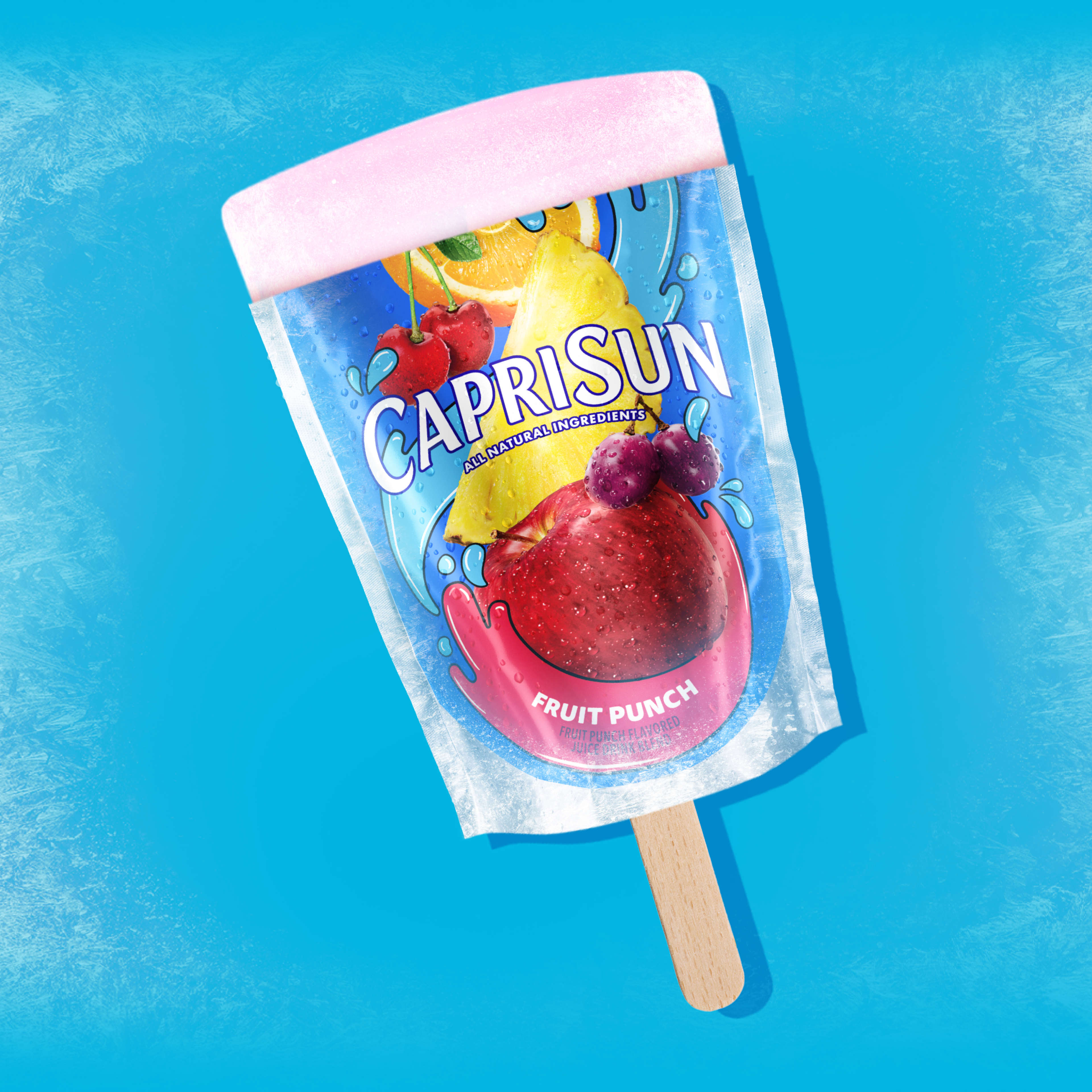 Capri-Sun Fruit Punch ice pop against a blue backdrop.