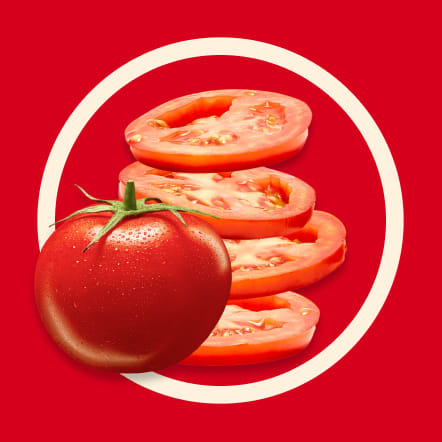 On a vibrant red background, a whole tomato sits next to a stack of several thin tomato slices, all within a contrasting off-white circle. This image represents twelve servings for a recipe.