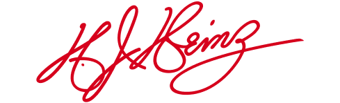 En bild av H.J. Heinz signatur i röd färg.