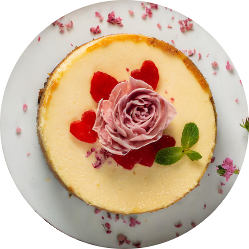 Overhead shot of a mini cheesecake on a white plate. The cheesecake is decorated with a pink rose, strawberry hearts, a sprig of mint, and scattered pink flower petals.