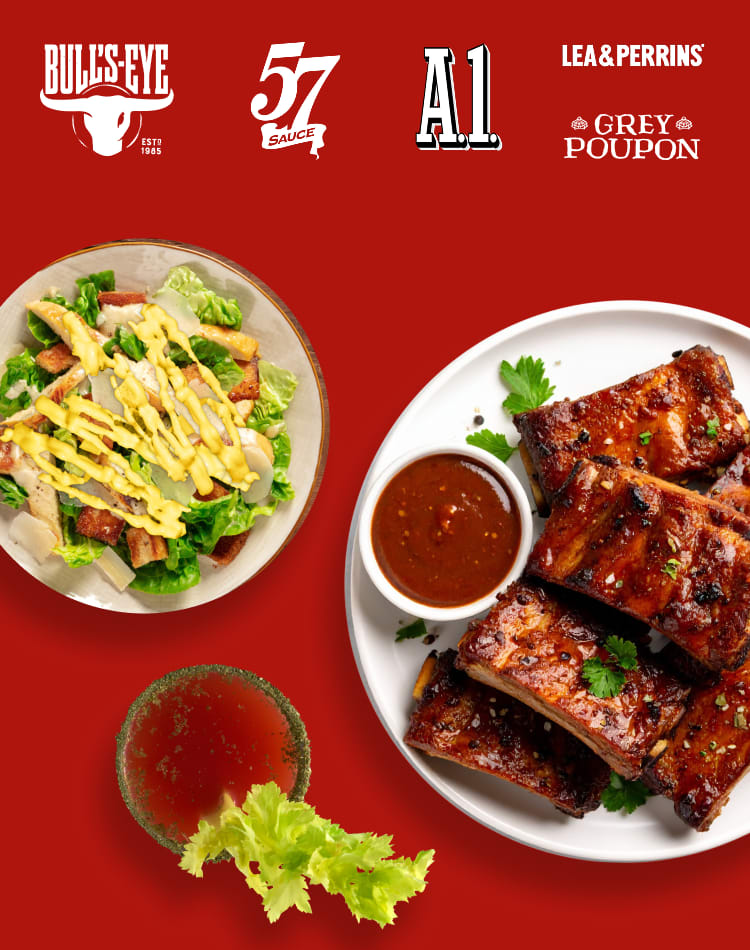 Ribs, salad, and a drink with Bull's-Eye, 57, A.1., Lea & Perrins, and Grey Poupon sauce logos on a red background.