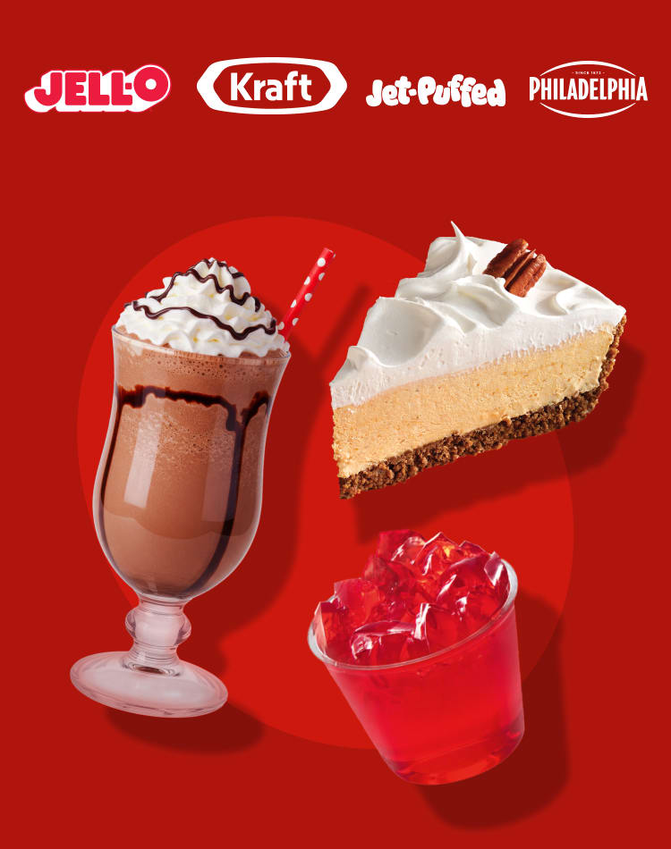A milkshake, cheesecake, and Jell-O with JELL-O, Kraft, Jet-Puffed, and PHILADELPHIA logos on a red background.