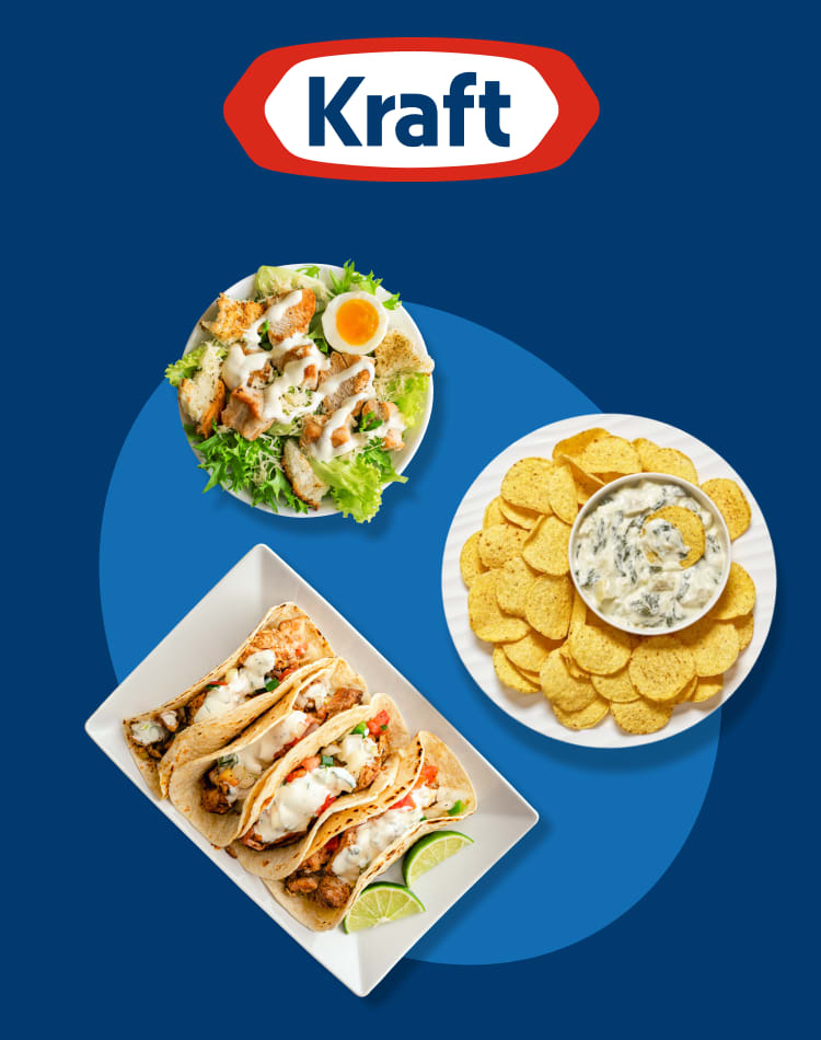  Kraft brand sauces with tacos, salad, and nachos with dip on a blue background.