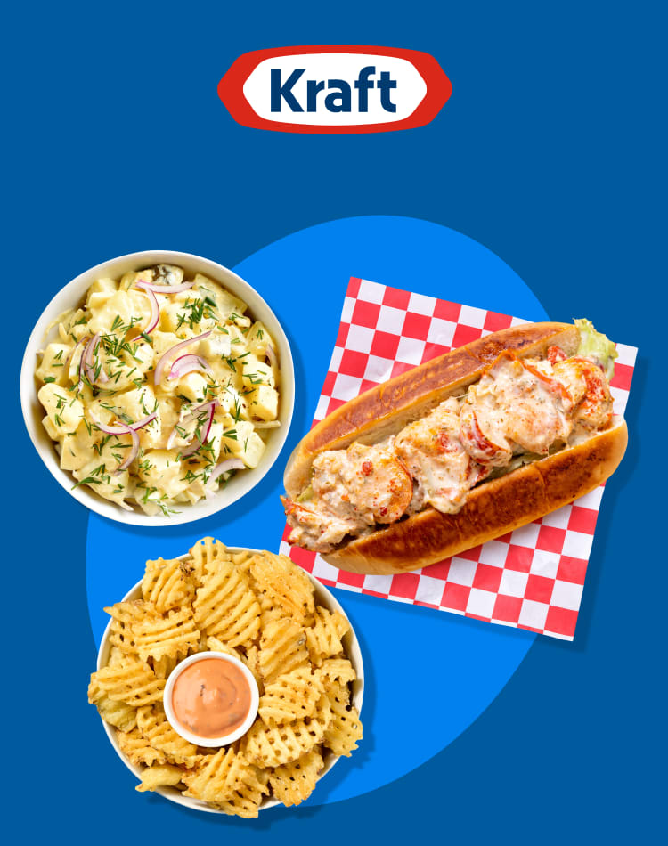 Potato salad, lobster roll, and waffle fries with dipping sauce on a blue background. Kraft logo at top right. 