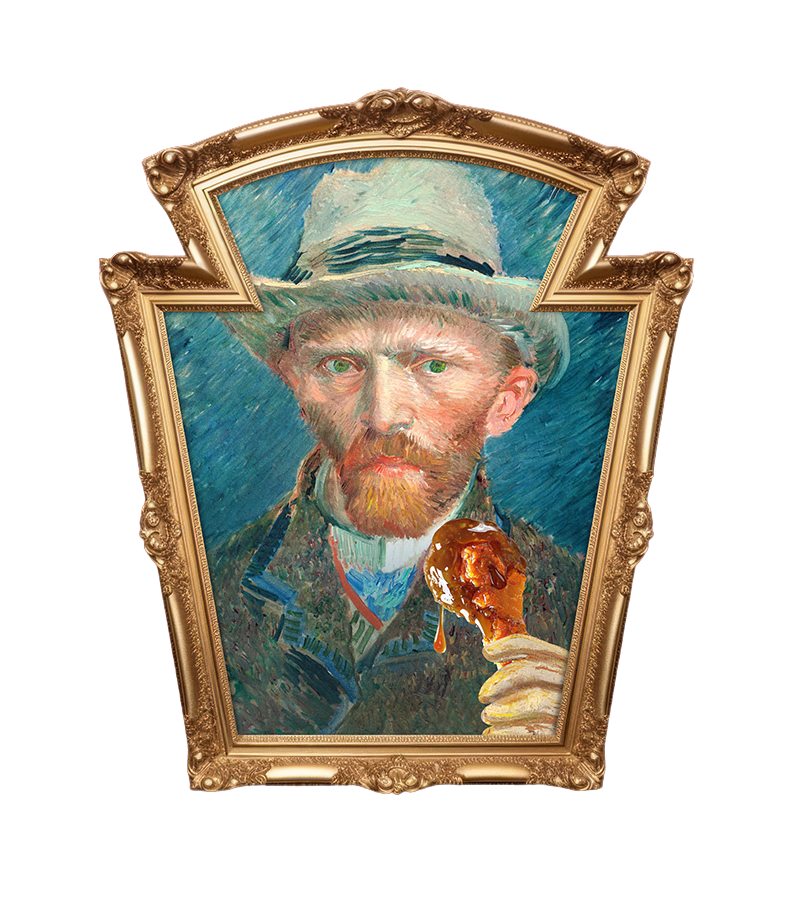 Painting of Van Gogh in gold frame holding fried chicken.