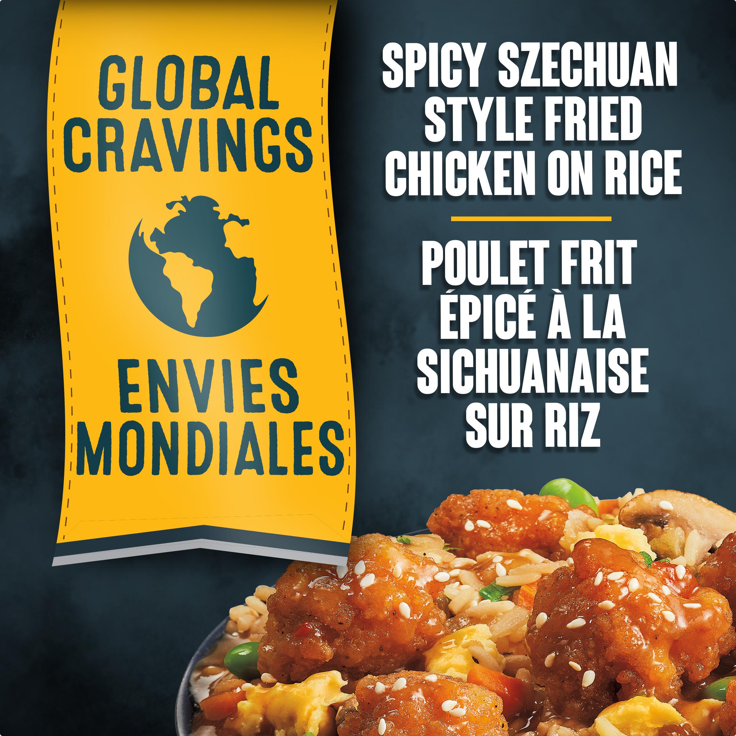 Poulet frit style Sichuan épicé sur riz, repas surgelé