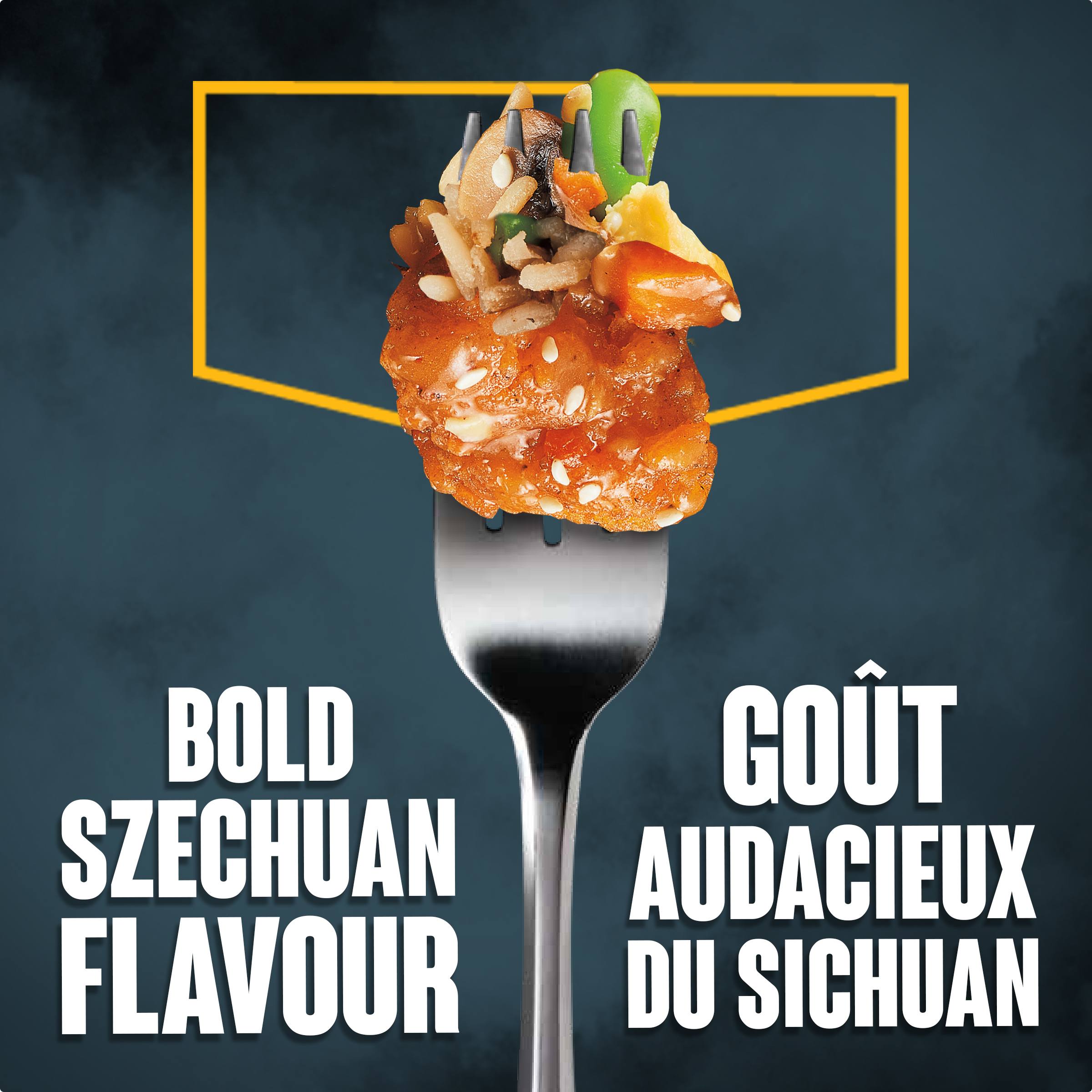 Poulet frit style Sichuan épicé sur riz, repas surgelé