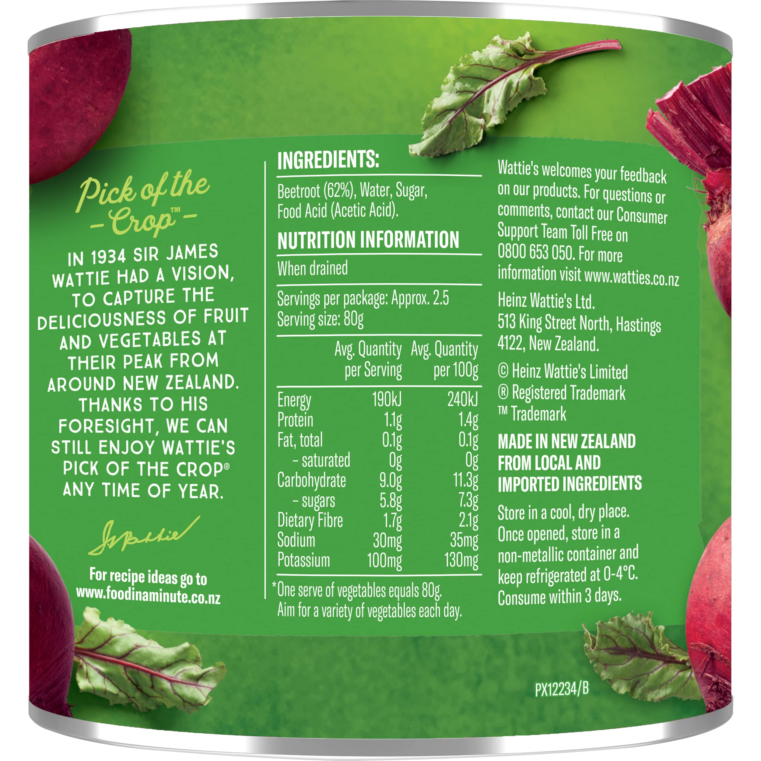 Wattie’s® Beetroot Sliced with No Added Salt 450g