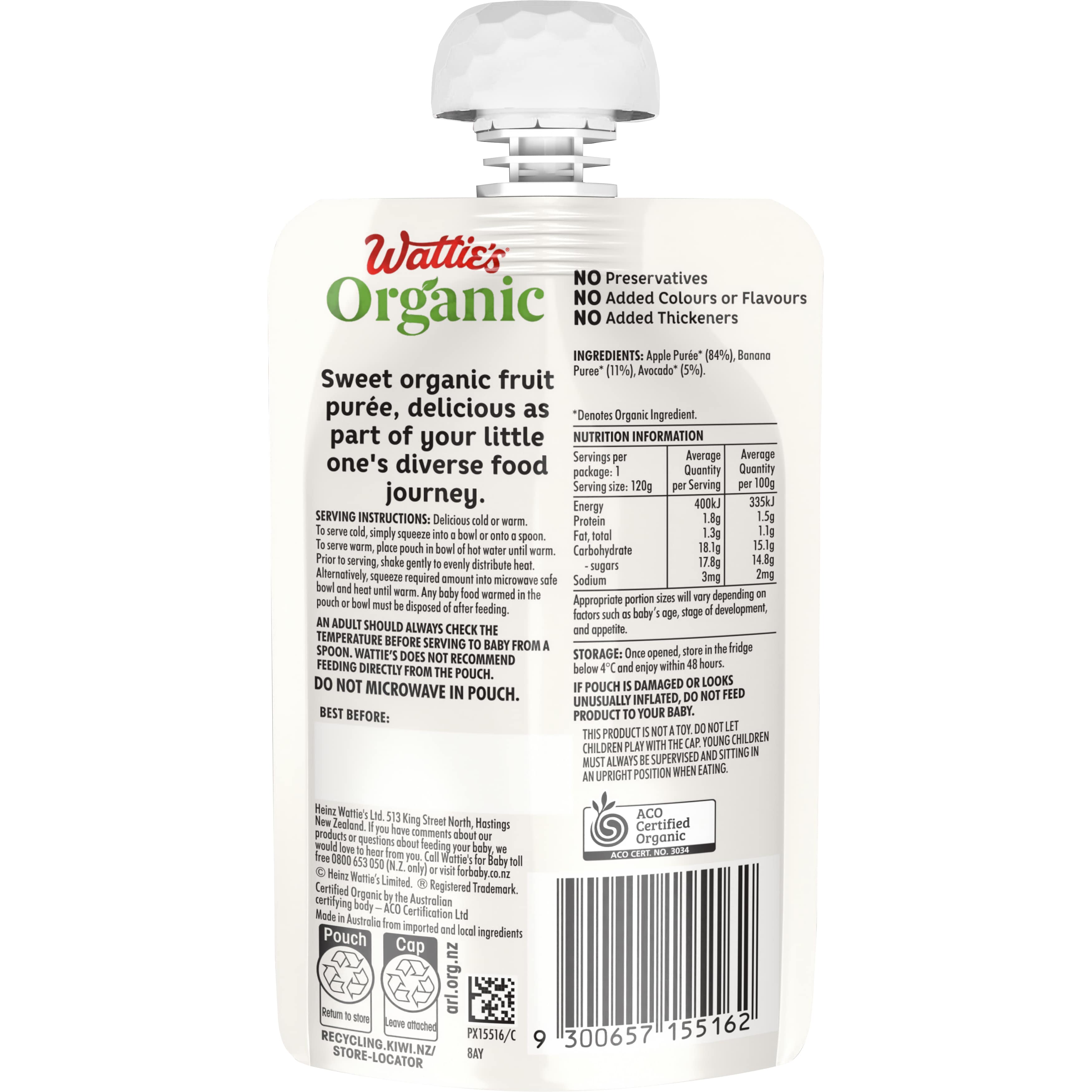 Wattie's® Organic Apple, Banana Avocado 6+ months 120 g
