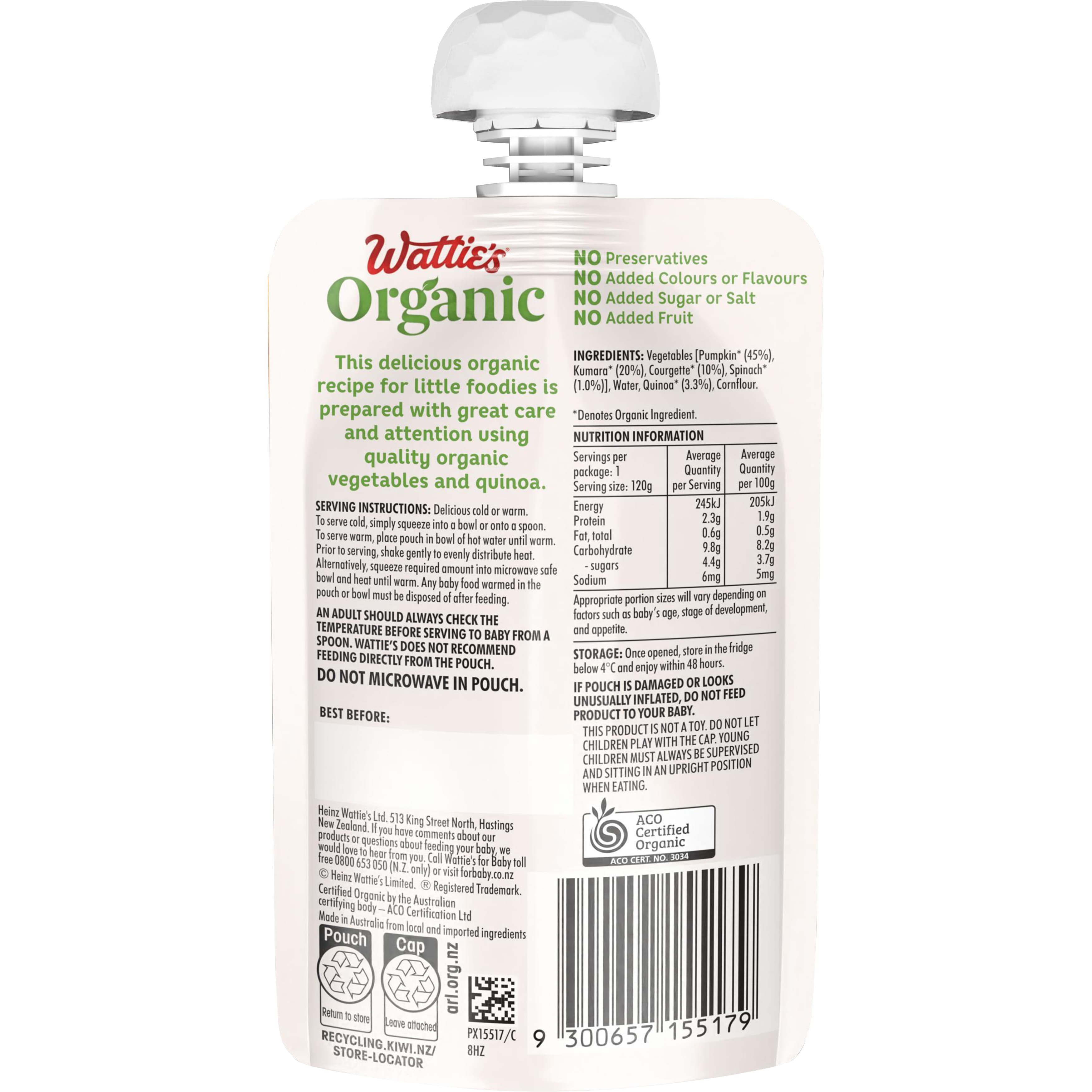 Wattie's® Organic Pumpkin, Kumara & Courgette with Quinoa 6+ months 120 g