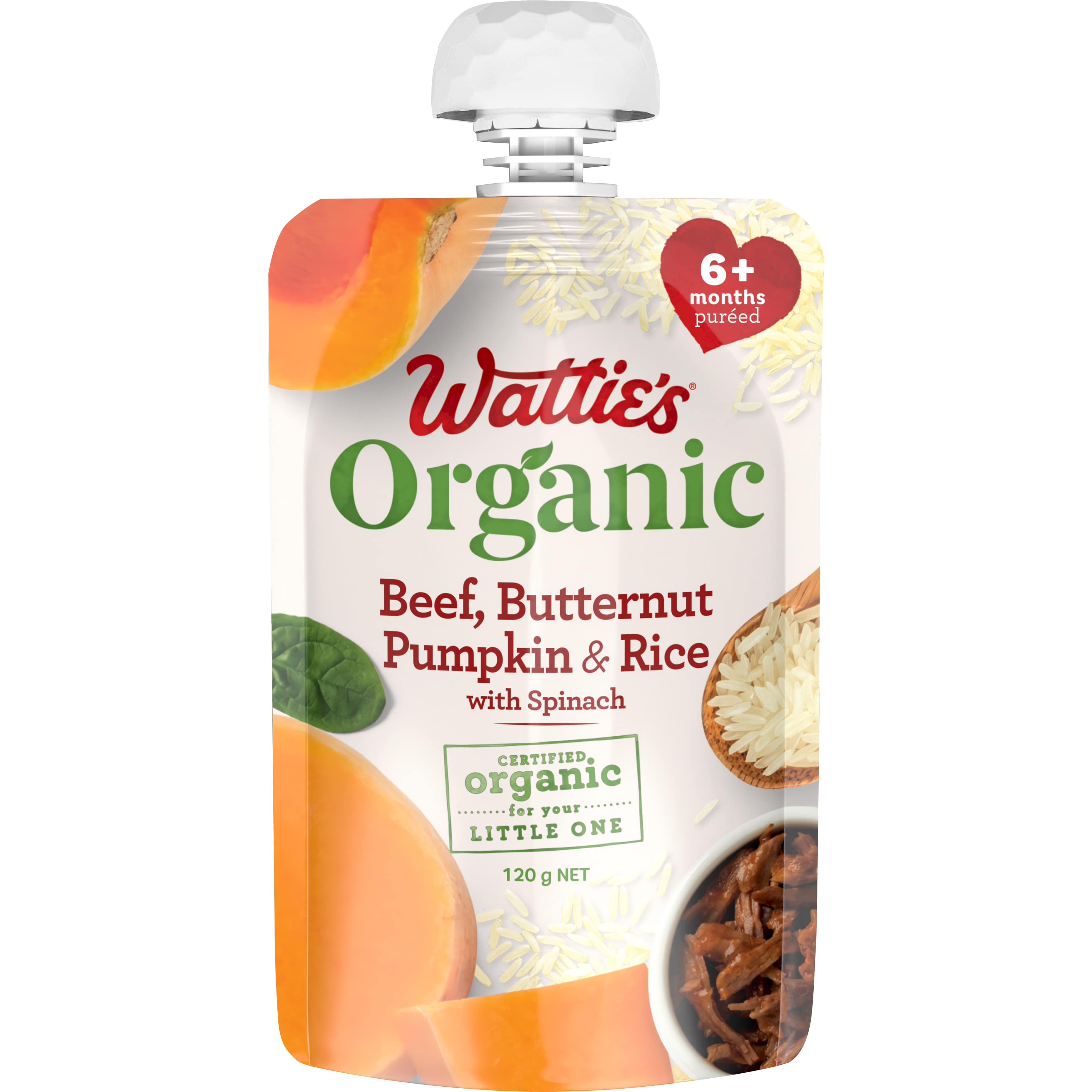 Wattie's® Organic Beef, Butternut Pumpkin & Rice with Spinach 6+ months 120 g