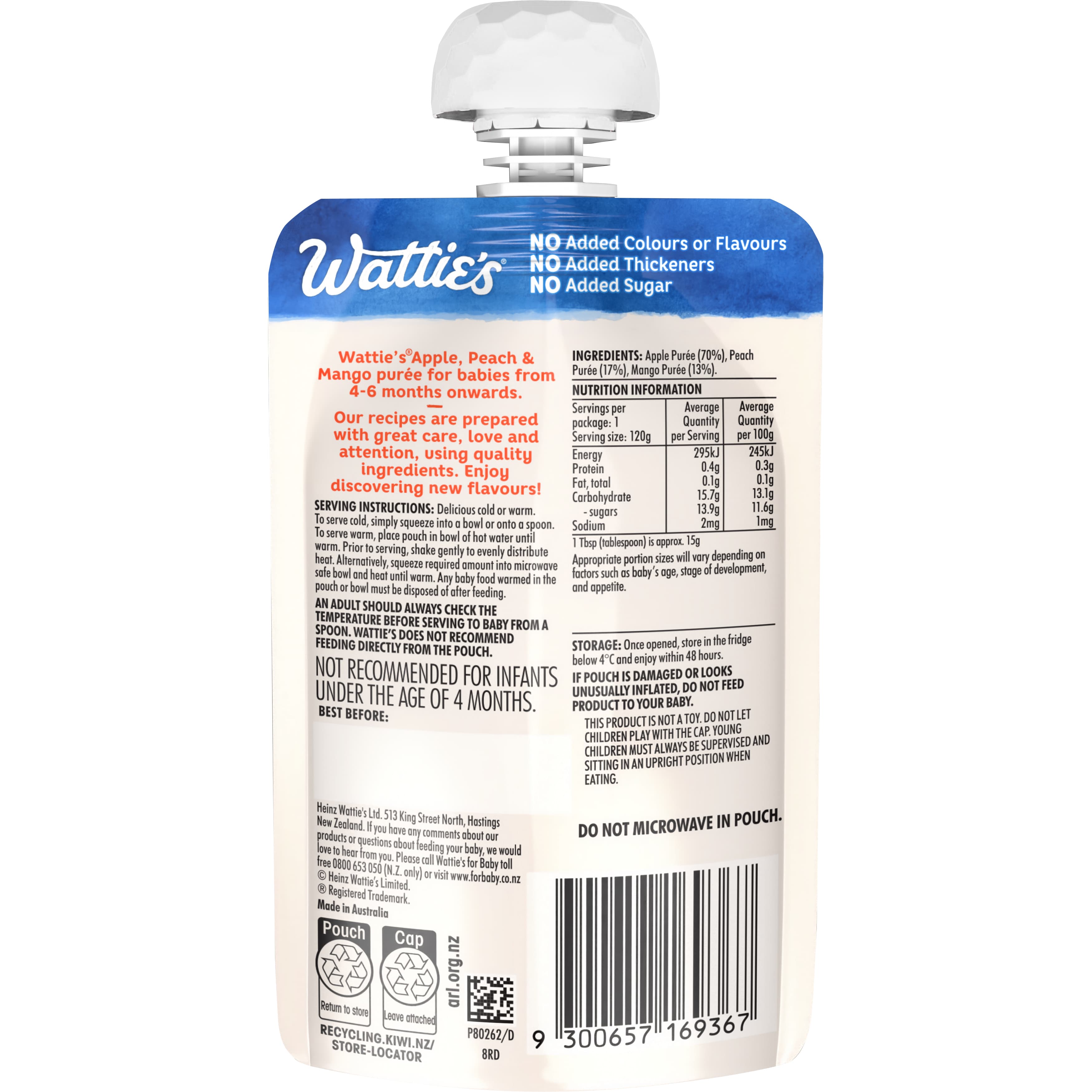 Wattie's® Apple, Peach & Mango 4-6+ months 120 g