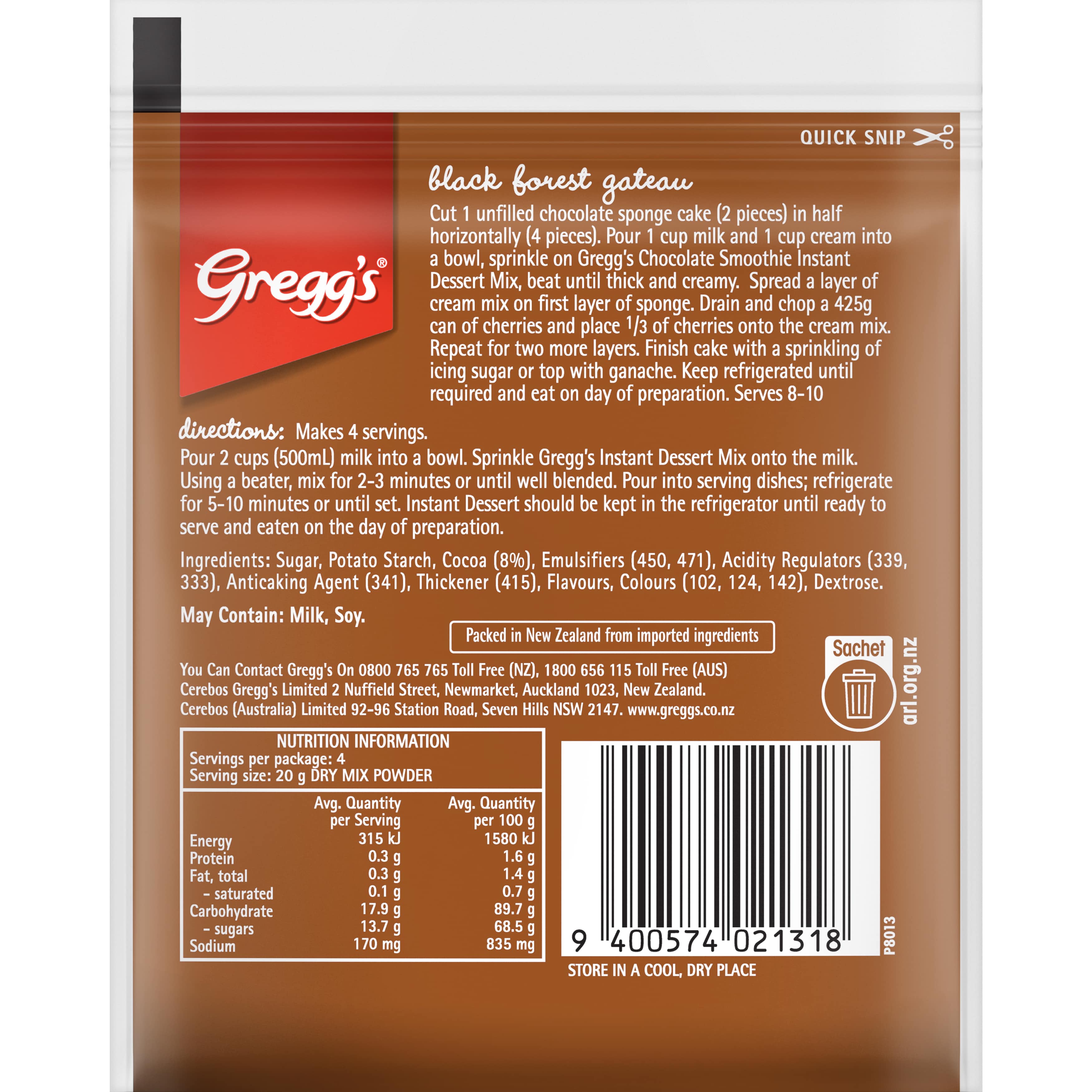 Gregg's® Instant Desserts Chocolate Smoothie Chocolate Flavoured Dessert Mix 82 g