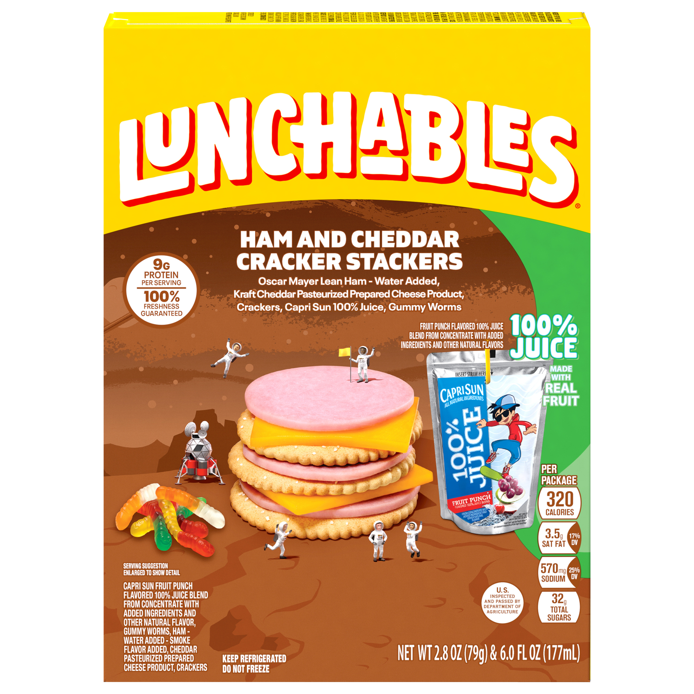 Ham and Cheddar Cracker Stackers with Capri Sun Fruit Punch 100% Juice Drink and Gummy Worms Snack Kit