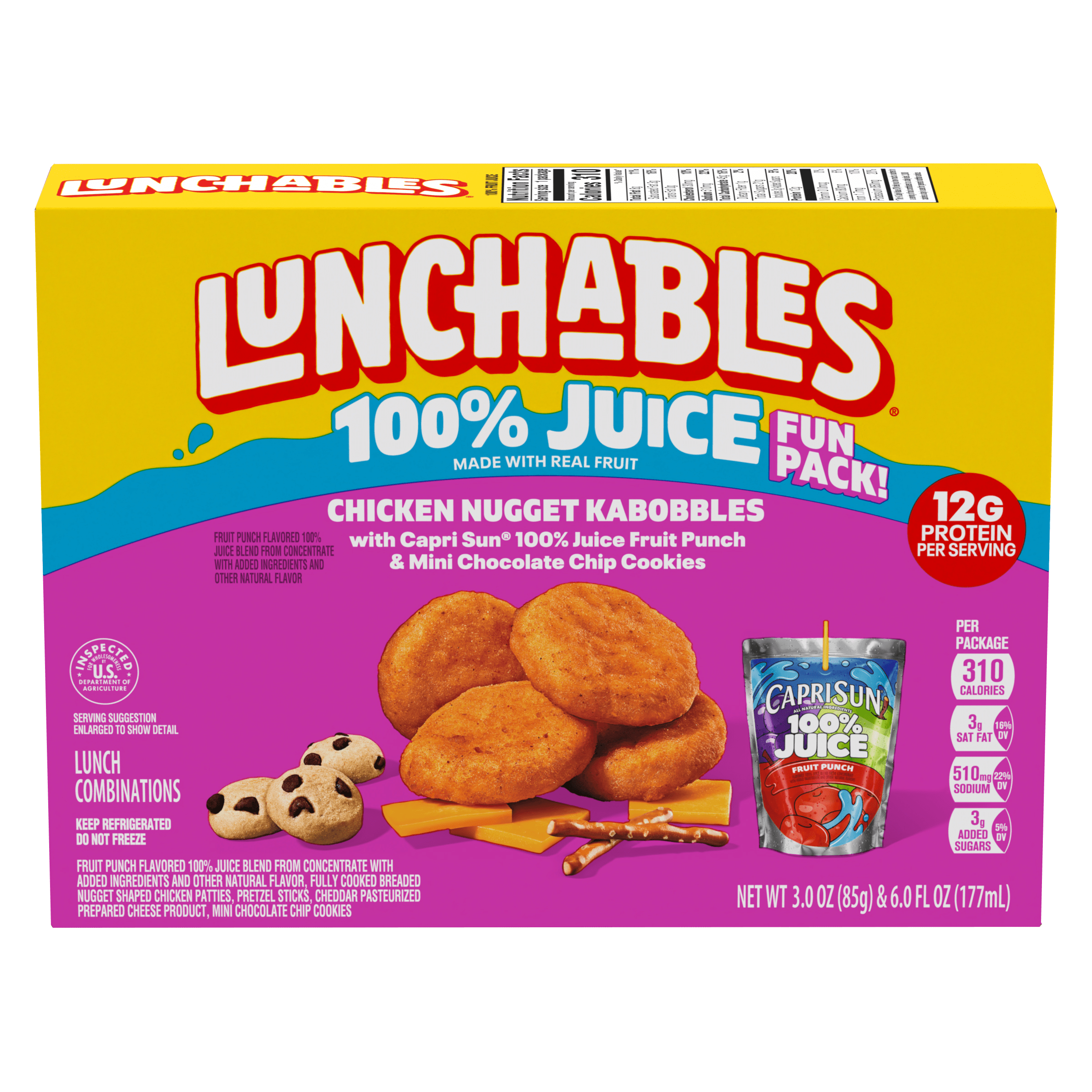 Chicken Popper Kabbobles Meal Kit with American Cheese, Pretzel Sticks, Capri Sun Fruit 100% Juice Drink & Mini Chocolate Chip Cookies